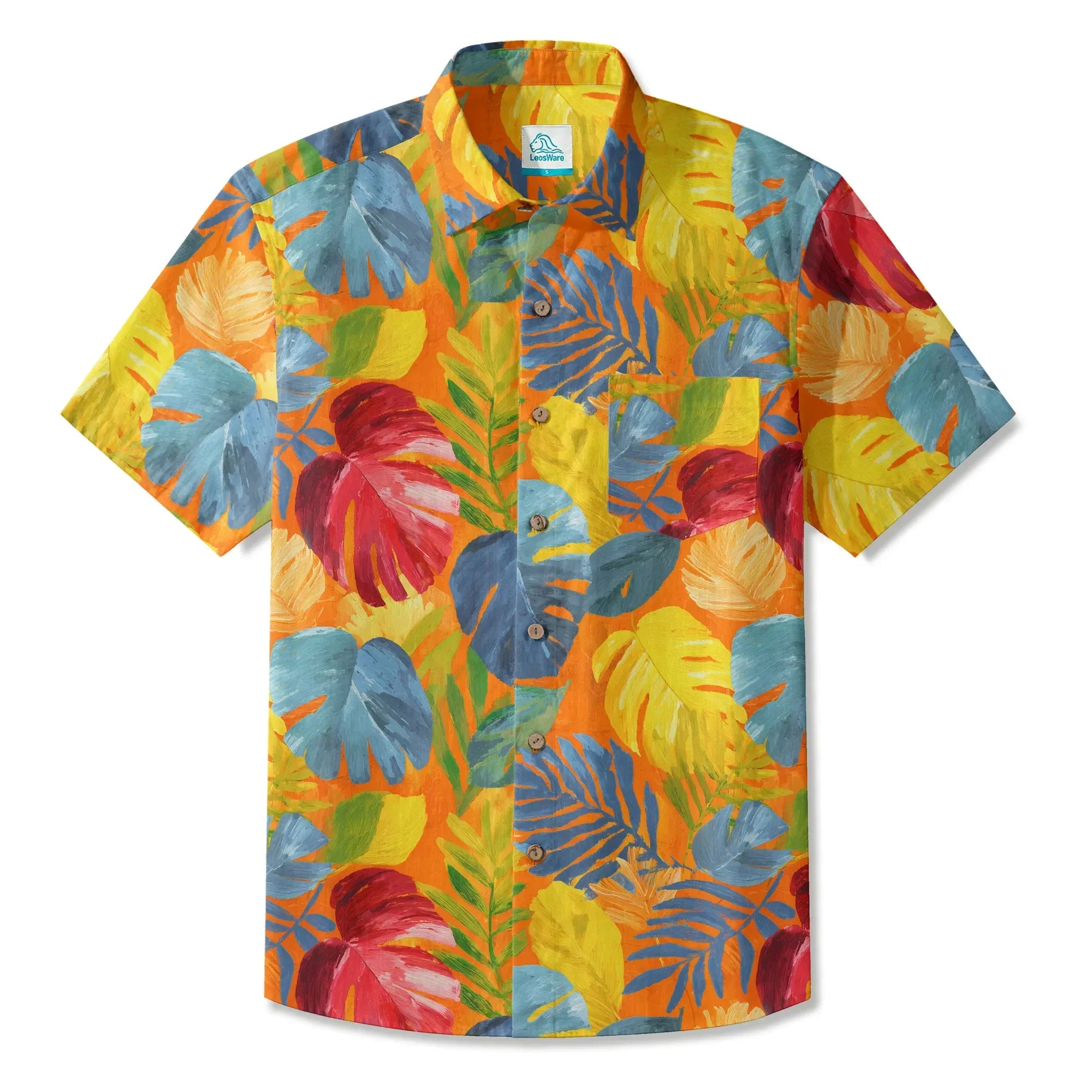 LeosWare® Men's Hawaiian Shirt Short Sleeve Button-up 100% Cotton Orange Aloha Tropical Rhapsody In Orange By Ann
