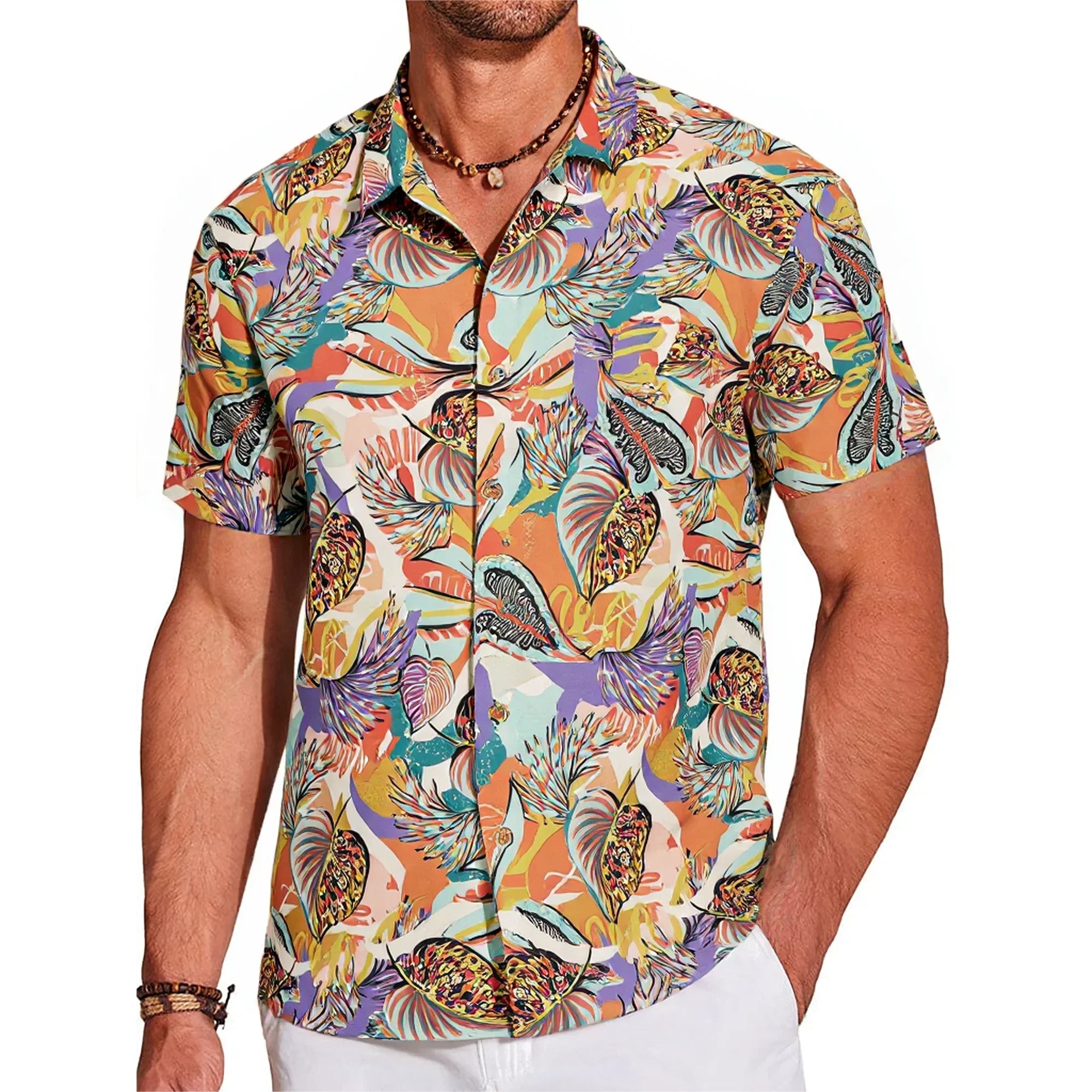 LeosWare® Men's Hawaiian Shirt Short Sleeve Button-up 100% Cotton Brown Aloha Tropical Plant Fusion Art Print By Ethan
