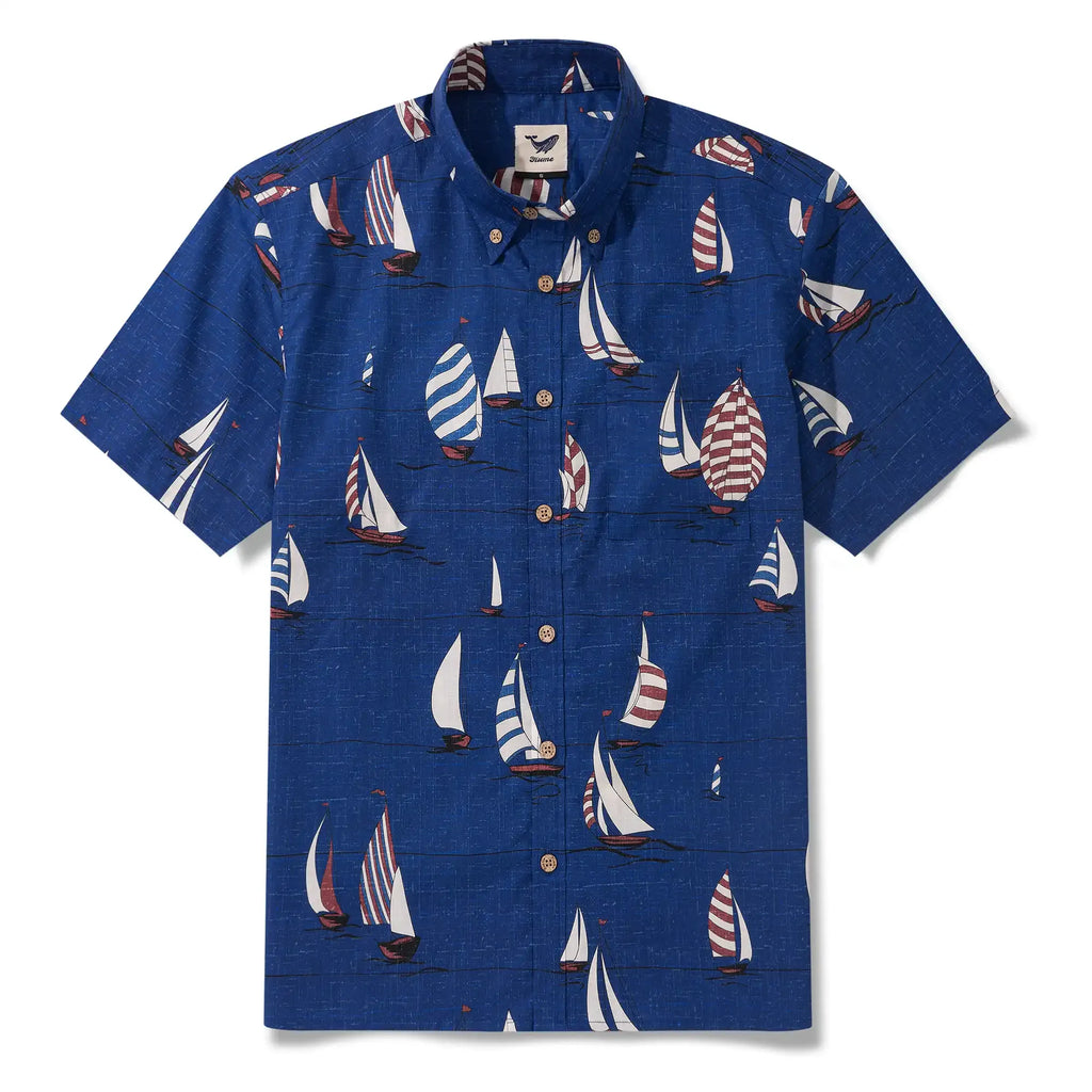 Men's Hawaiian Shirt Short Sleeve Button-down 100% Cotton Blue Aloha Sail into the Horizon By Huan huan