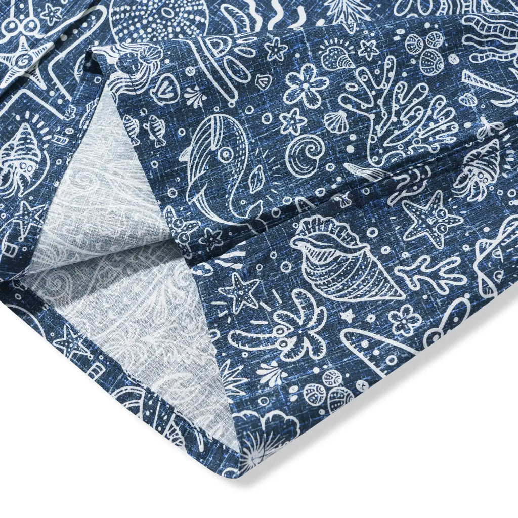 Men's Hawaiian Shirt Short Sleeve Button-down 100% Cotton Beige Aloha Coastal Doodle - Navy Blue By Huan huan