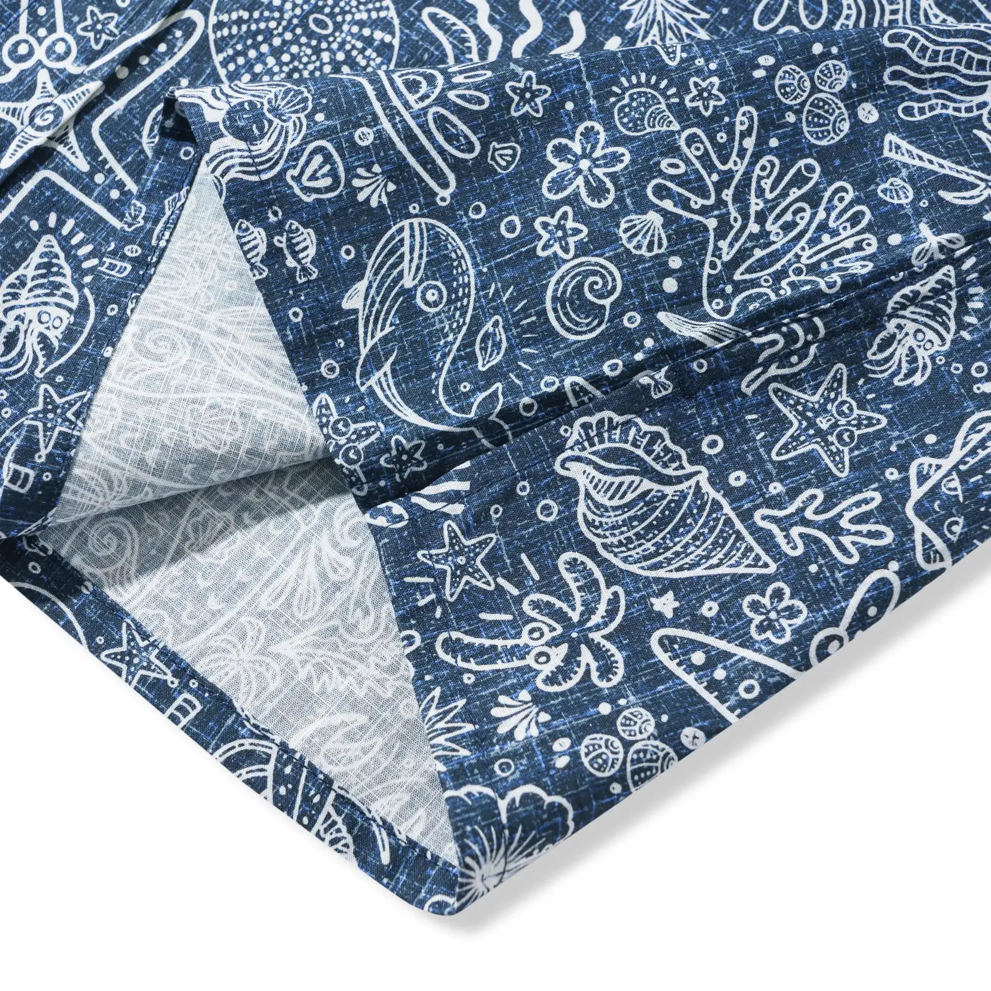 Men's Hawaiian Shirt Short Sleeve Button-down 100% Cotton Beige Aloha Coastal Doodle - Navy Blue By Huan huan