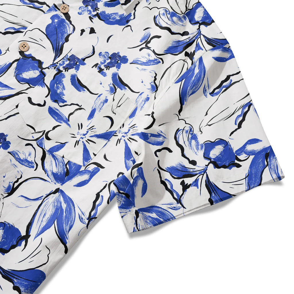 LeosWare® Men's Hawaiian Shirt Short Sleeve Button-up 100% Cotton Blue Aloha Indigo Blossoms Brushstroke By Huan huan