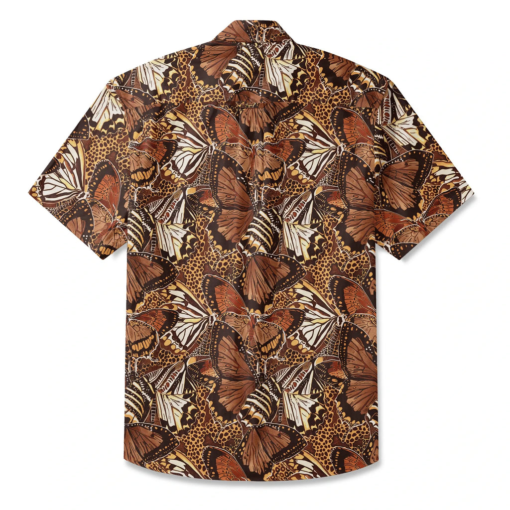 LeosWare® Men's Hawaiian Shirt Short Sleeve Button-up 100% Cotton Brown Aloha Butterfly Haven By Ann