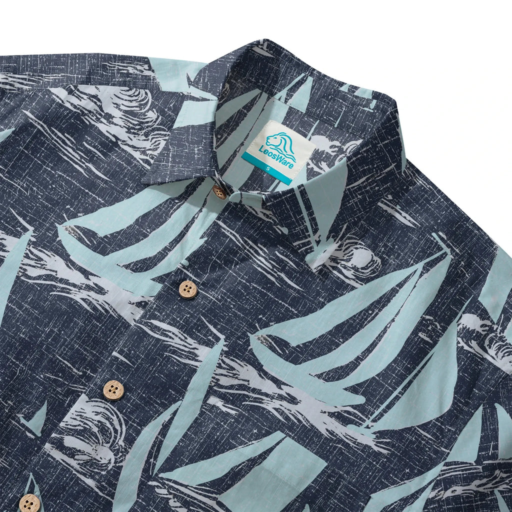 LeosWare® Sailboat Men's Hawaiian Shirt Short Sleeve Button-up 100% Cotton Blue Aloha Sailing To The Horizon By Ann