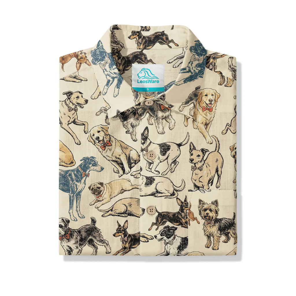 LeosWare® Dog Men's Hawaiian Shirt Short Sleeve Button-up 100% Cotton Yellow Aloha Dog Bow Tie Set By Huan huan