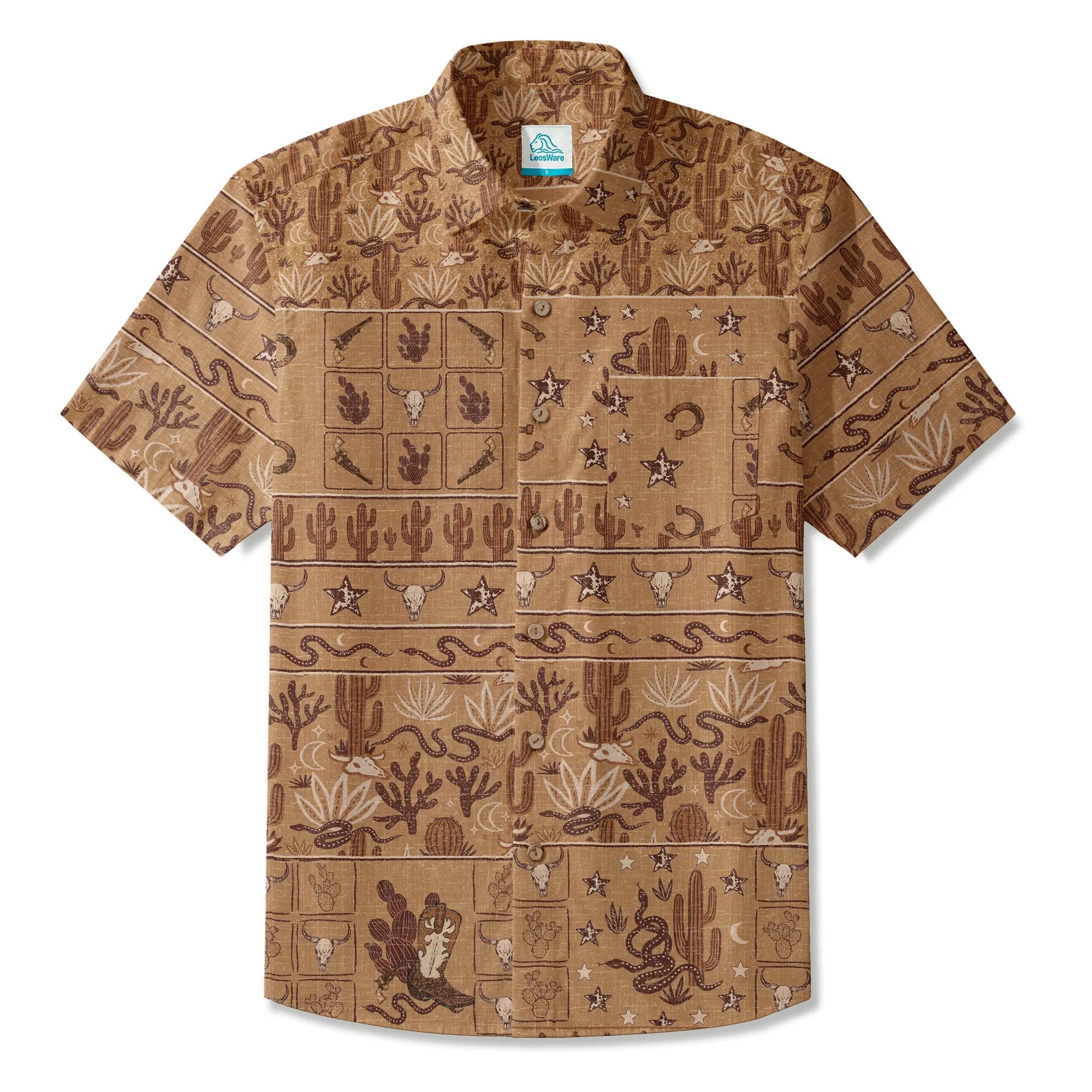 LeosWare® Men's Hawaiian Shirt Short Sleeve Button-up 100% Cotton Brown Aloha Vintage Western Dusk By Huan Huan