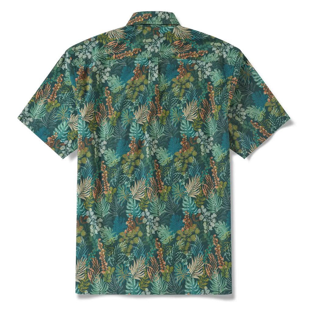 Men's Hawaiian Shirt Short Sleeve Button-down 100% Cotton Green Shirt Aloha Tropical Night Emerald Leaves By Annick