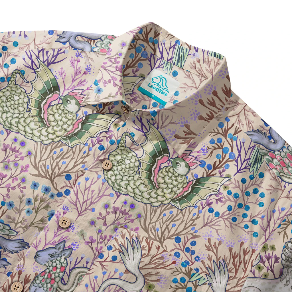 LeosWare® Men's Hawaiian Shirt Short Sleeve Button-up 100% Cotton Brown Aloha Mythical Creatures And Floral Fantasia By Huan huan
