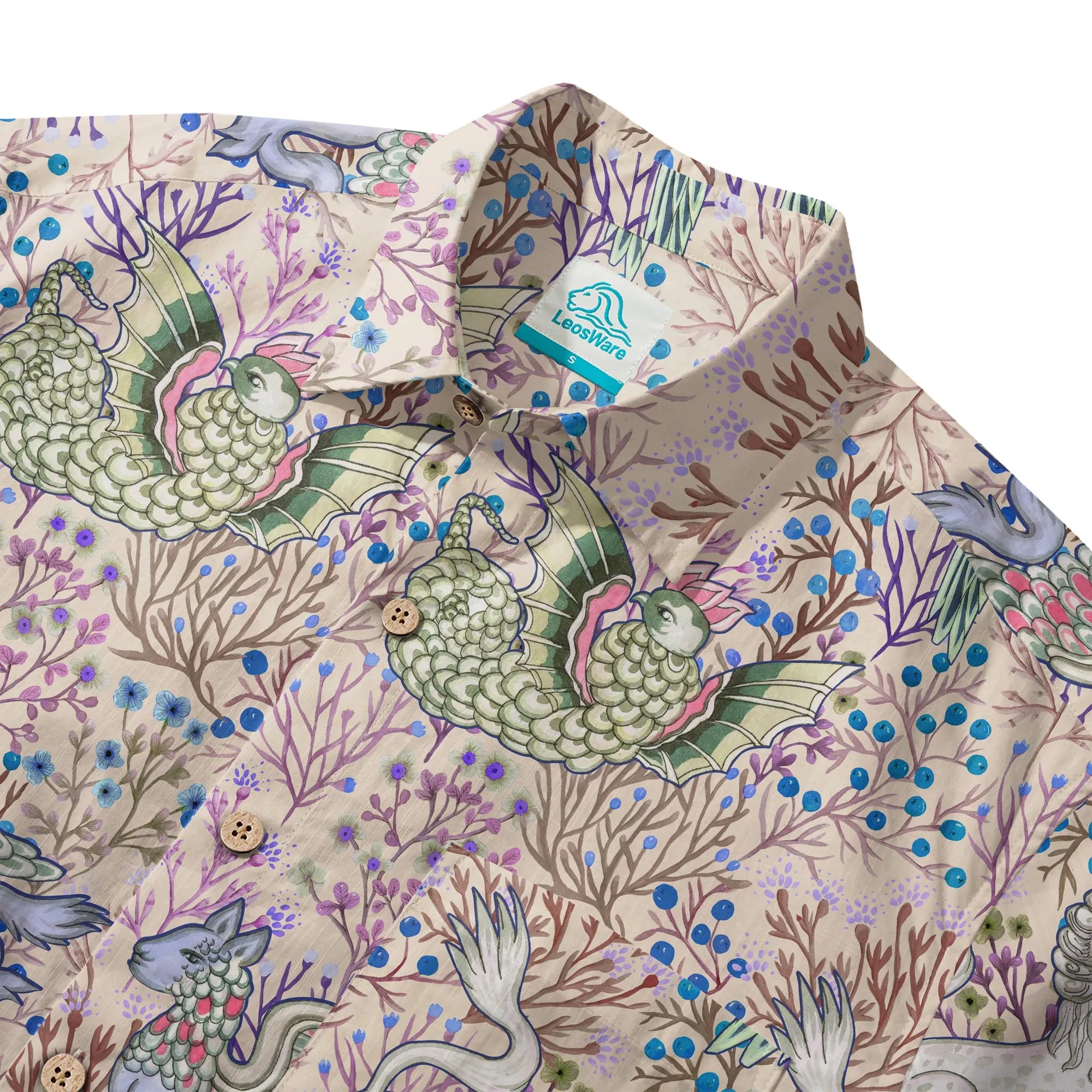 LeosWare® Men's Hawaiian Shirt Short Sleeve Button-up 100% Cotton Brown Aloha Mythical Creatures And Floral Fantasia By Huan huan