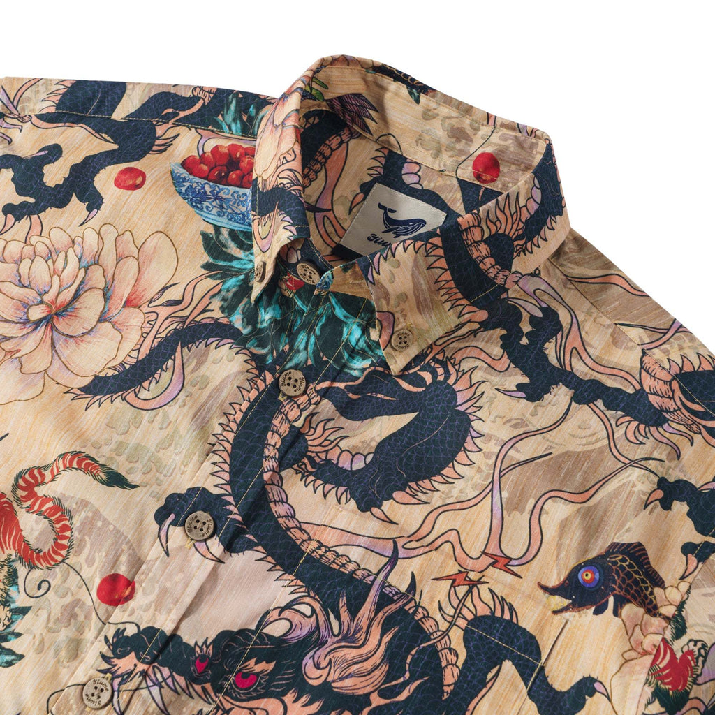 Dragon Shirt 100% Cotton Hawaiian Shirt Men's Short Sleeve Button-down Shirt Aloha Shirt Dragon Dance And Cherry Blossoms By Sylvia