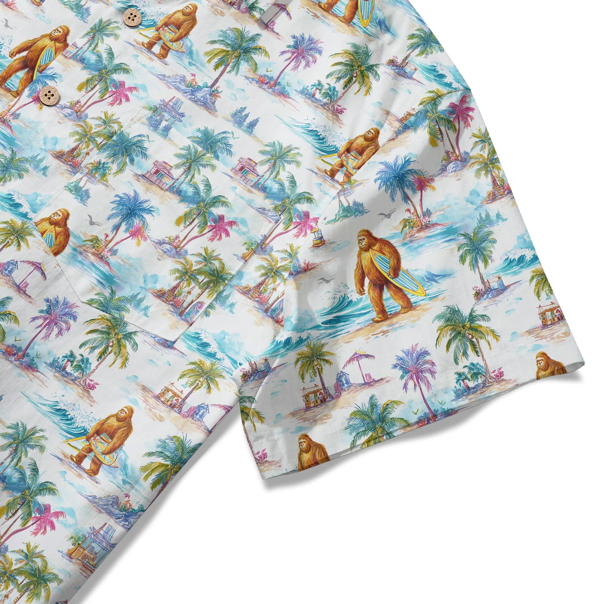 LeosWare® Men's Hawaiian Shirt Short Sleeve Button-up 100% Cotton White Aloha Surfing Vacation Of Bigfoot By Ann