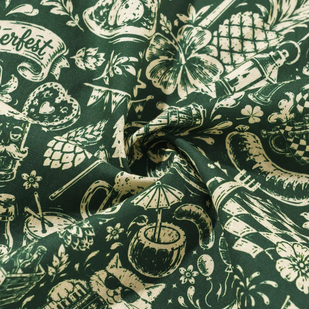 Men's Hawaiian Shirt Short Sleeve Camp Collar 100% Cotton Green Aloha Vintage Beer Festival Cheer - Green By Cigar