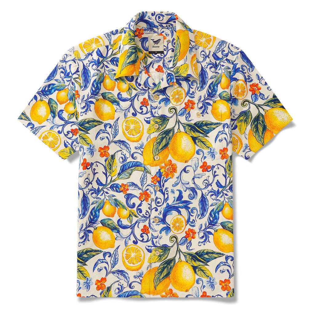 100% Silk Men's Hawaiian Shirt Short Sleeve Camp Collar 100% Silk Blue Aloha Sunlit Lemons By Mo