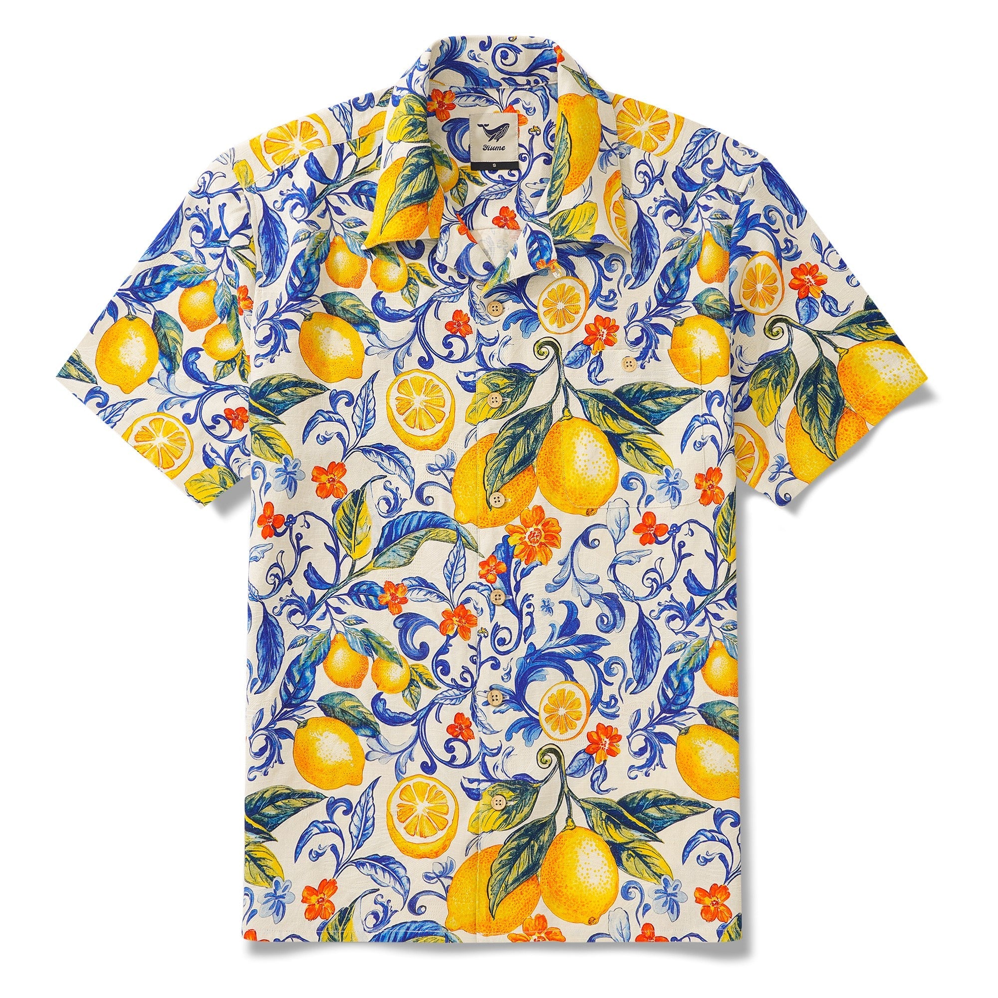 100% Silk Men's Hawaiian Shirt Short Sleeve Camp Collar 100% Silk Blue Aloha Sunlit Lemons By Mo