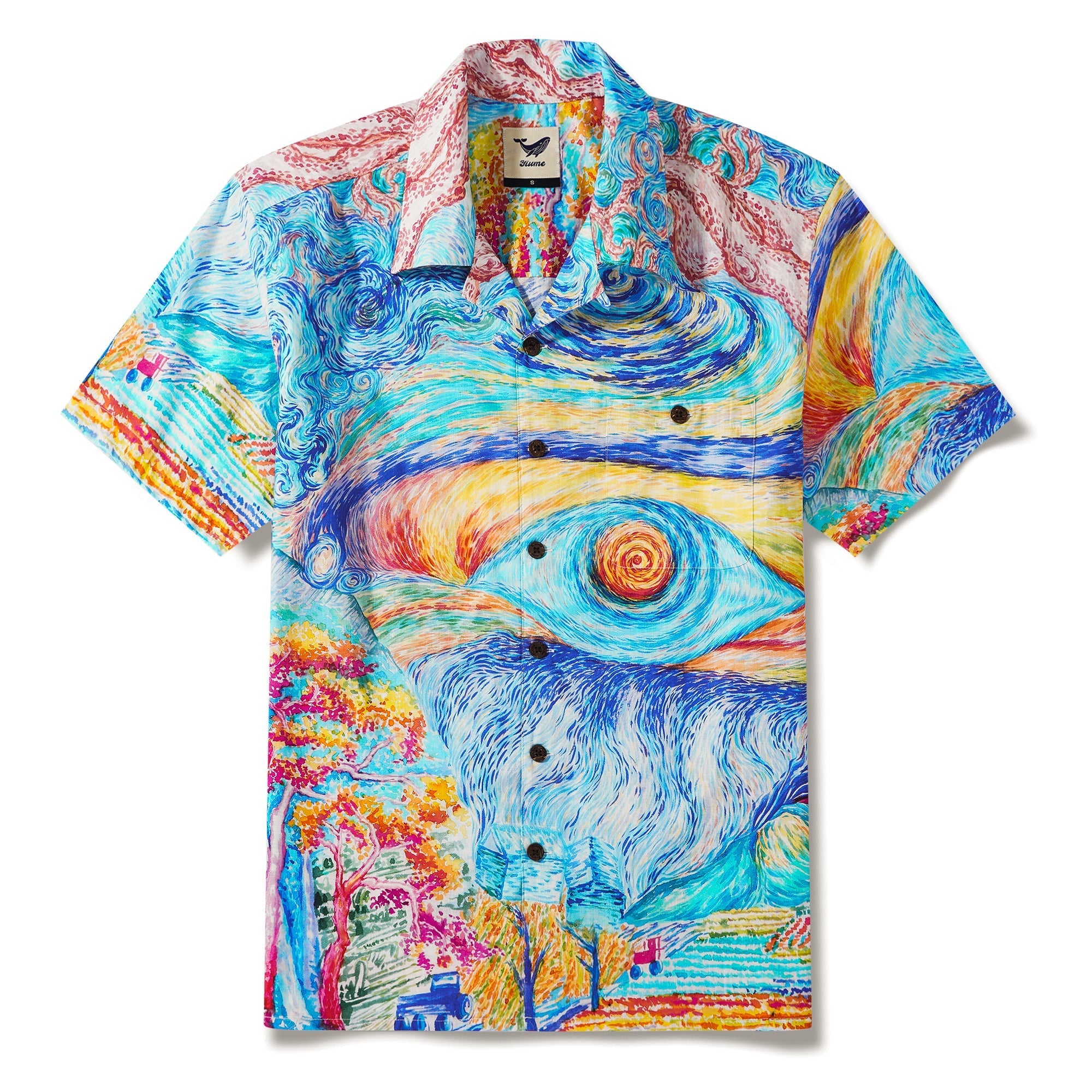Men's Hawaiian Shirt Short Sleeve Camp Collar 100% Cotton Blue Aloha Vision in the Starry Night By Sylvia