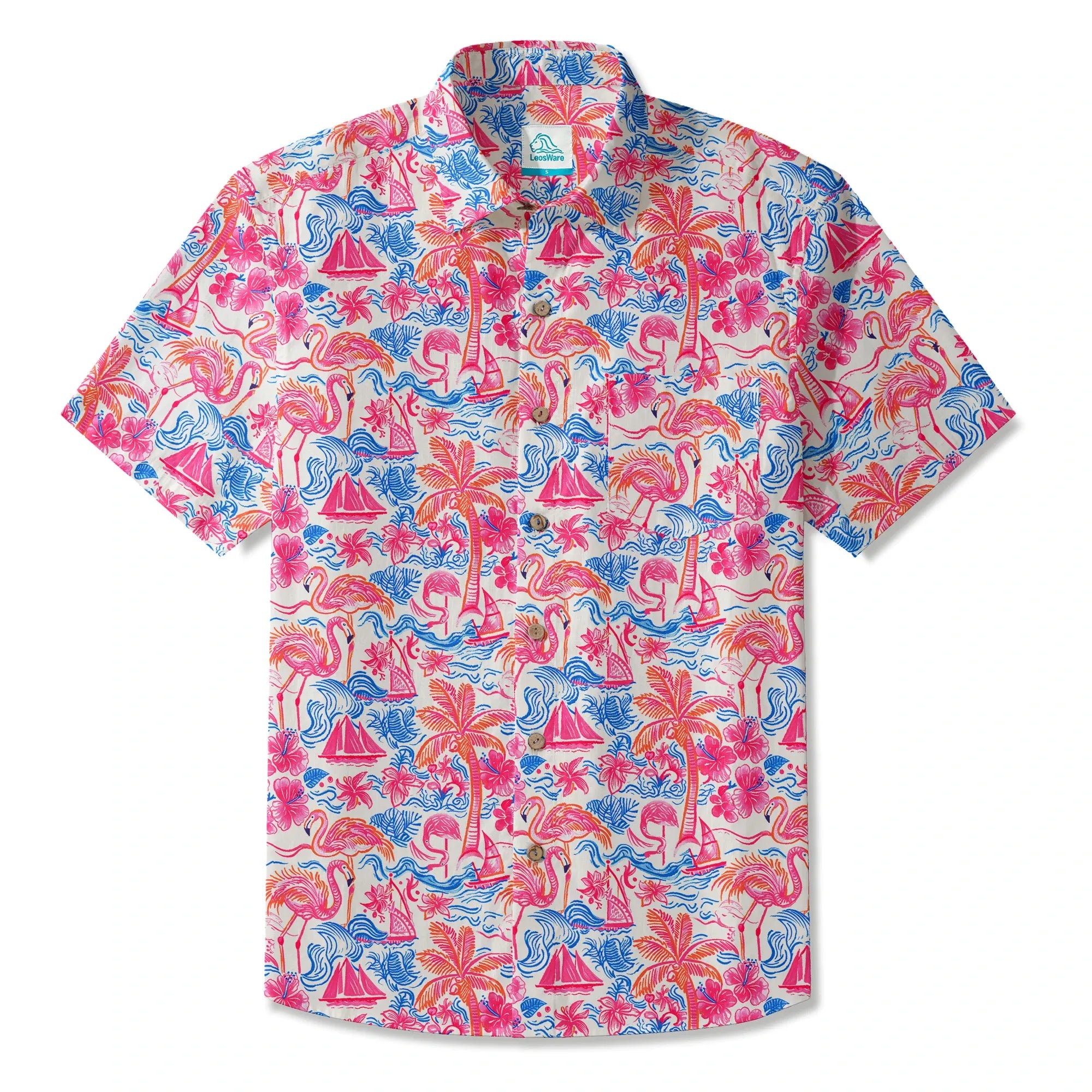 LeosWare® Men's Hawaiian Shirt Short Sleeve Button-up 100% Cotton Aloha Tropical Fire Bay By Ann