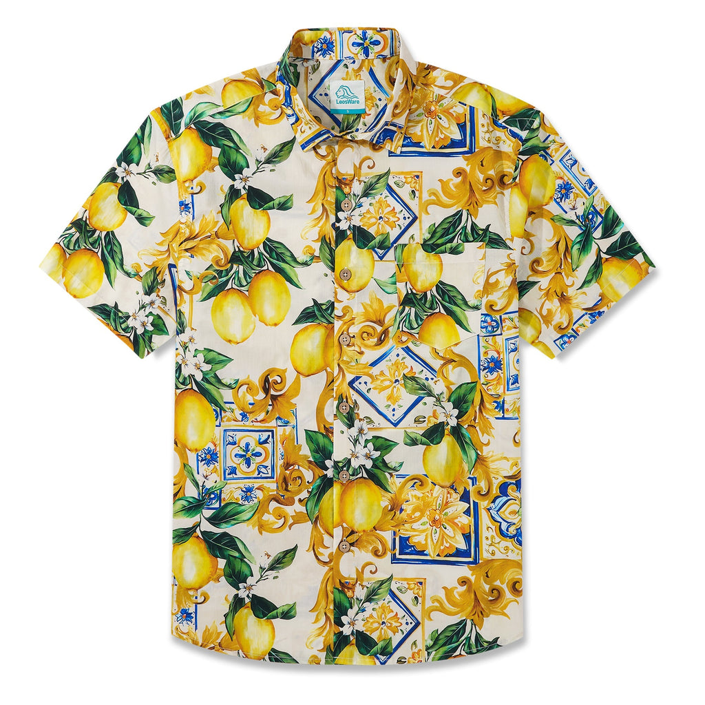 LeosWare® Men's Hawaiian Shirt Short Sleeve Button-up 100% Cotton Yellow Aloha Romantic Interplay Of Lemon And Patterns By Ethan