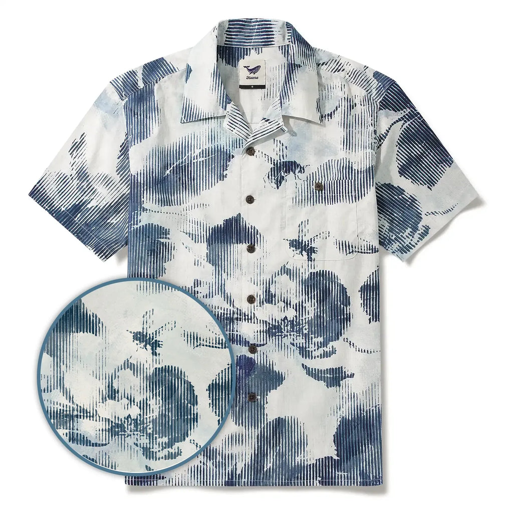 Bee Floral Men's Hawaiian Shirt Short Sleeve Camp Collar 100% Cotton Blue Aloha Floral Whispers In Halftone By Yeti