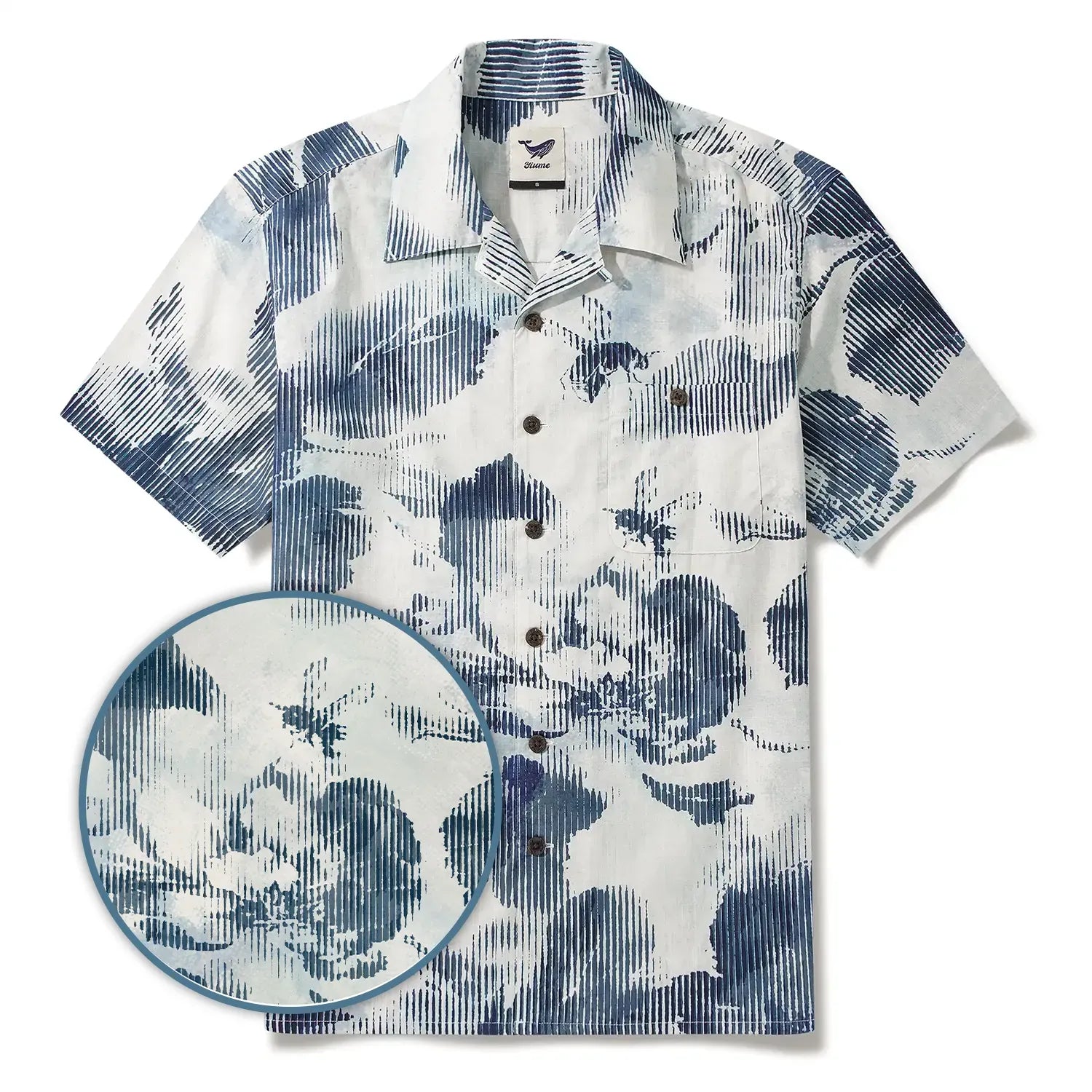 Bee Floral Men's Hawaiian Shirt Short Sleeve Camp Collar 100% Cotton Blue Aloha Floral Whispers In Halftone By Yeti