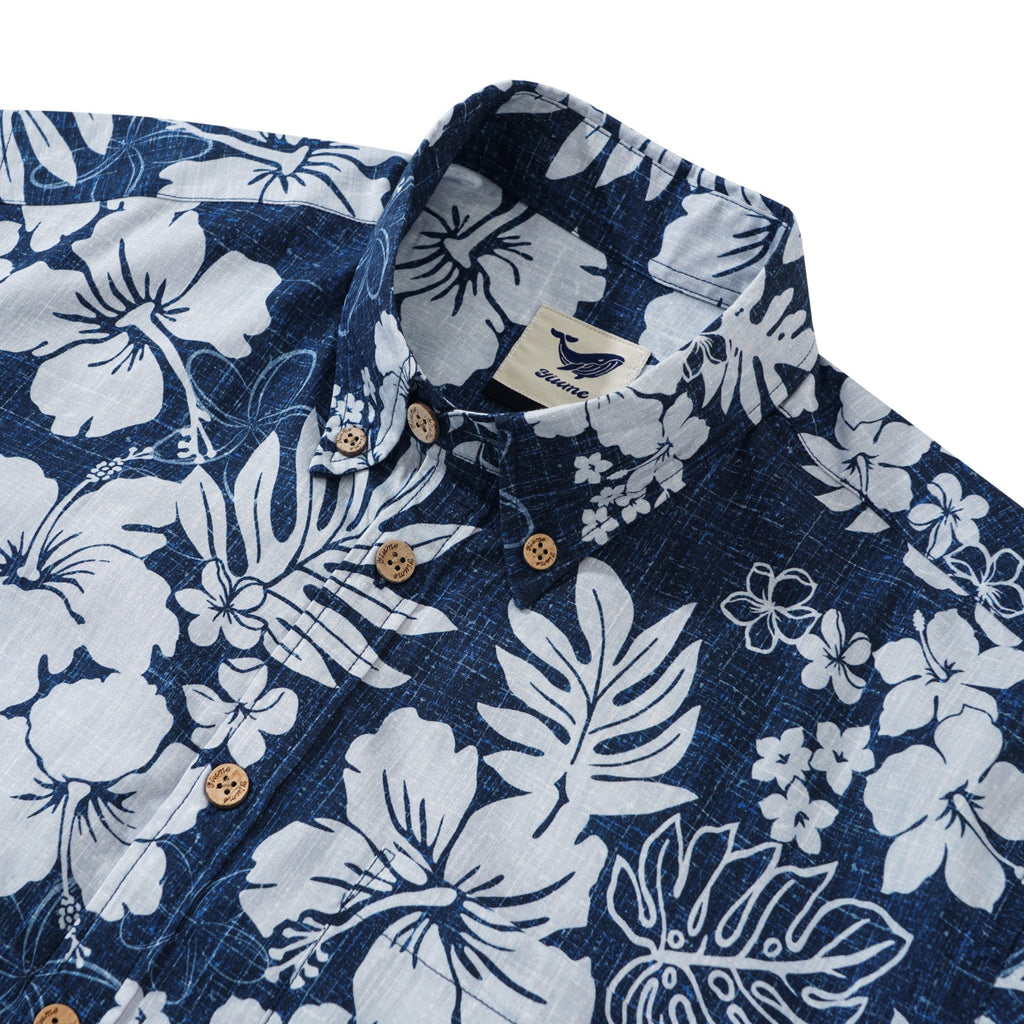 Floral Men's Hawaiian Shirt Short Sleeve Button-down 100% Cotton Blue Aloha Summer Whispers By Huan huan