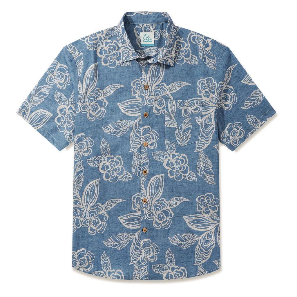 LeosWare® Men's Hawaiian Shirt Short Sleeve Button-up 100% Cotton Blue Aloha Light Blue Elegant Florals By Ethan