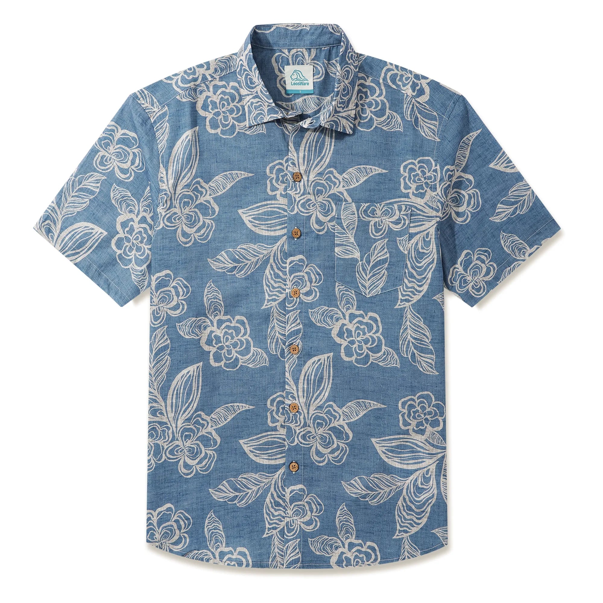 LeosWare® Men's Hawaiian Shirt Short Sleeve Button-up 100% Cotton Blue Aloha Light Blue Elegant Florals By Ethan