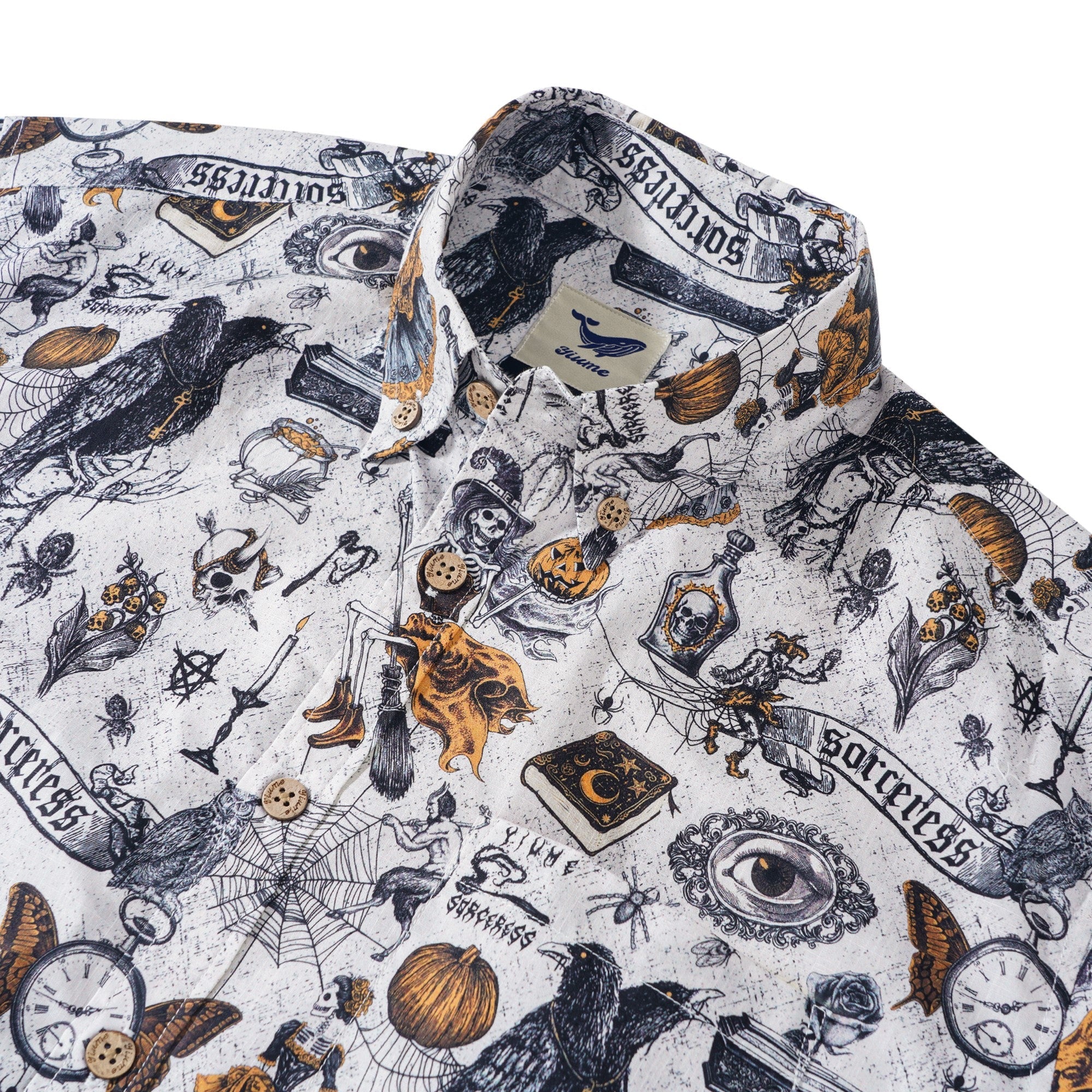 Men's Hawaiian Shirt Short Sleeve Button-down 100% Cotton White Aloha Black Magic By Yakima