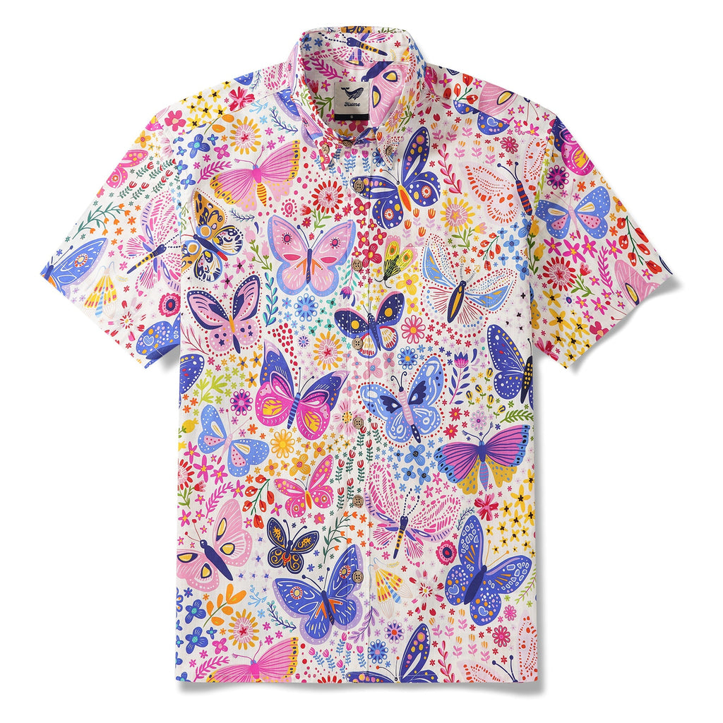 Men's Butterfly Hawaiian Shirt Short Sleeve Button-down 100% Cotton Art Shirt By Cigar