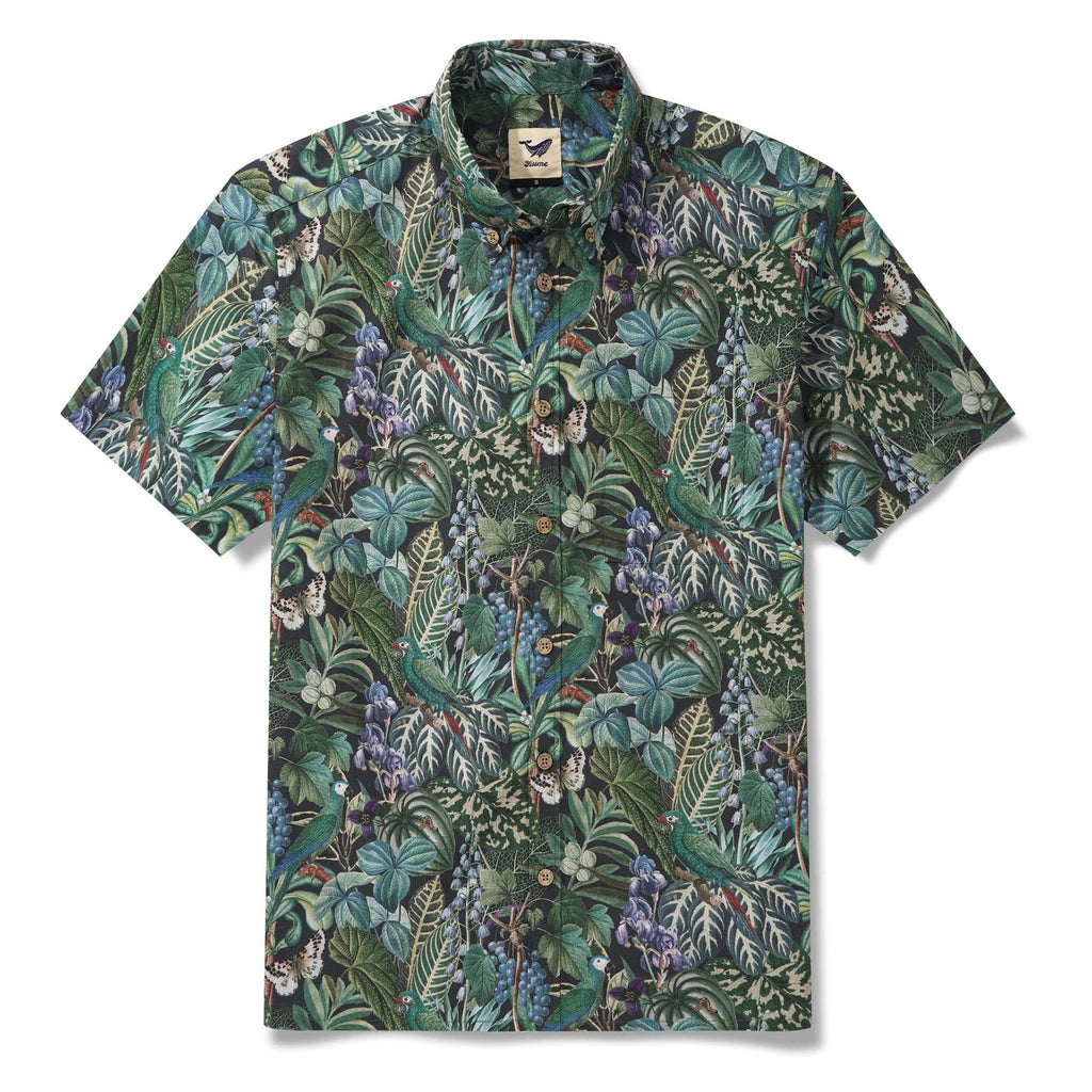 Men's Hawaiian Shirt Short Sleeve Button-down 100% Cotton Green Aloha Jungle Whispers By Cigar