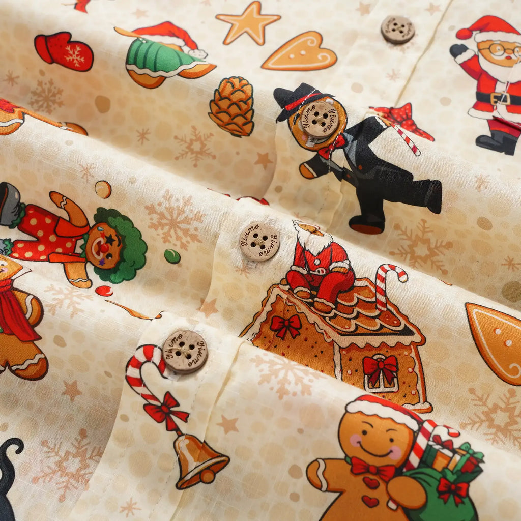 Christmas Gift Men's Hawaiian Shirt Short Sleeve Button-down 100% Cotton Beige Aloha Gingerbread Christmas Carnival By Huan huan