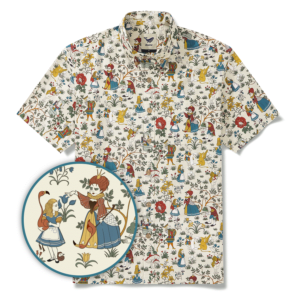 Men's Hawaiian Shirt Short Sleeve Button-down 100% Cotton Beige Aloha Alice's Wonderland By Zeke