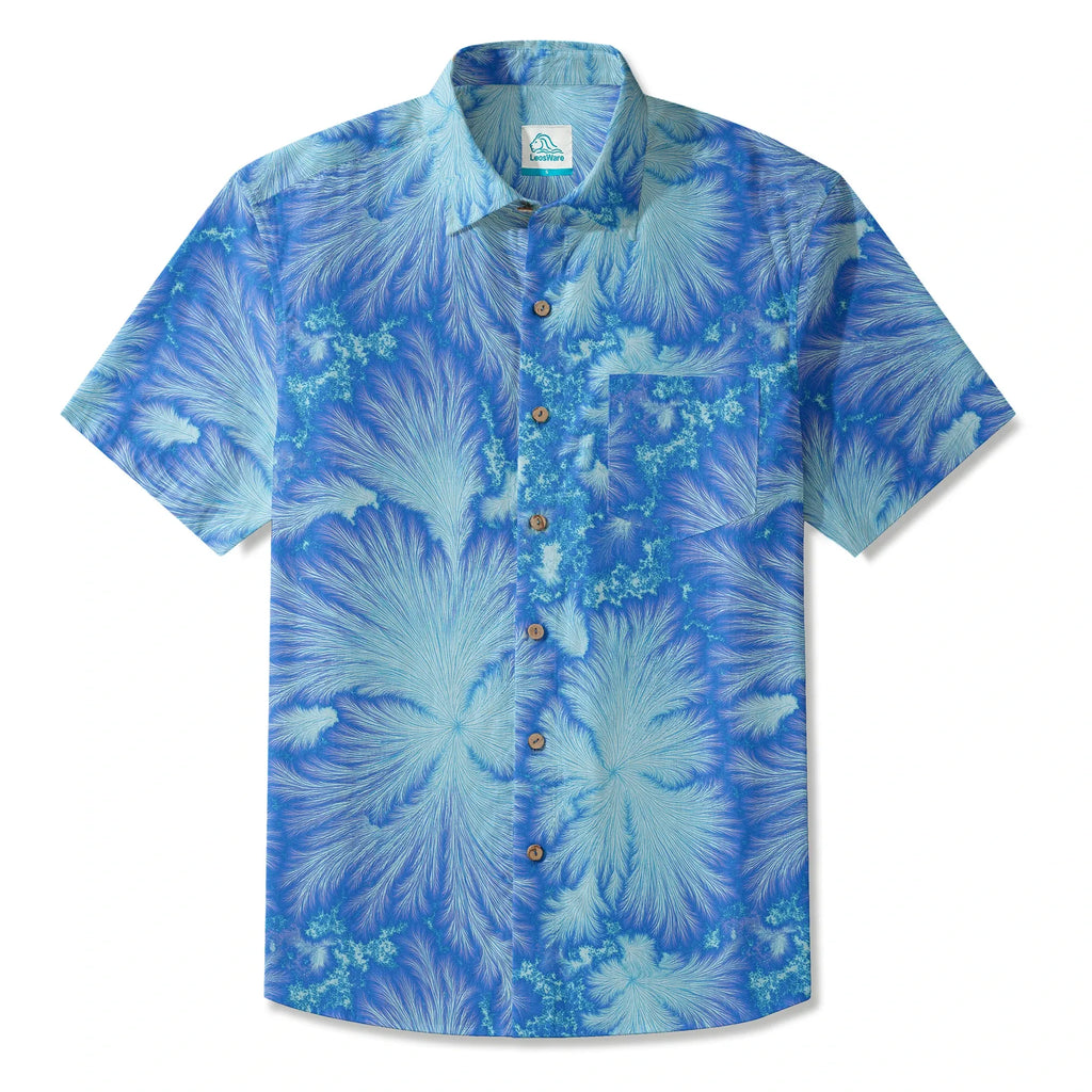 LeosWare® Men's Hawaiian Shirt Short Sleeve Button-up 100% Cotton Blue Aloha Ice Blue Feather Flame By Ann
