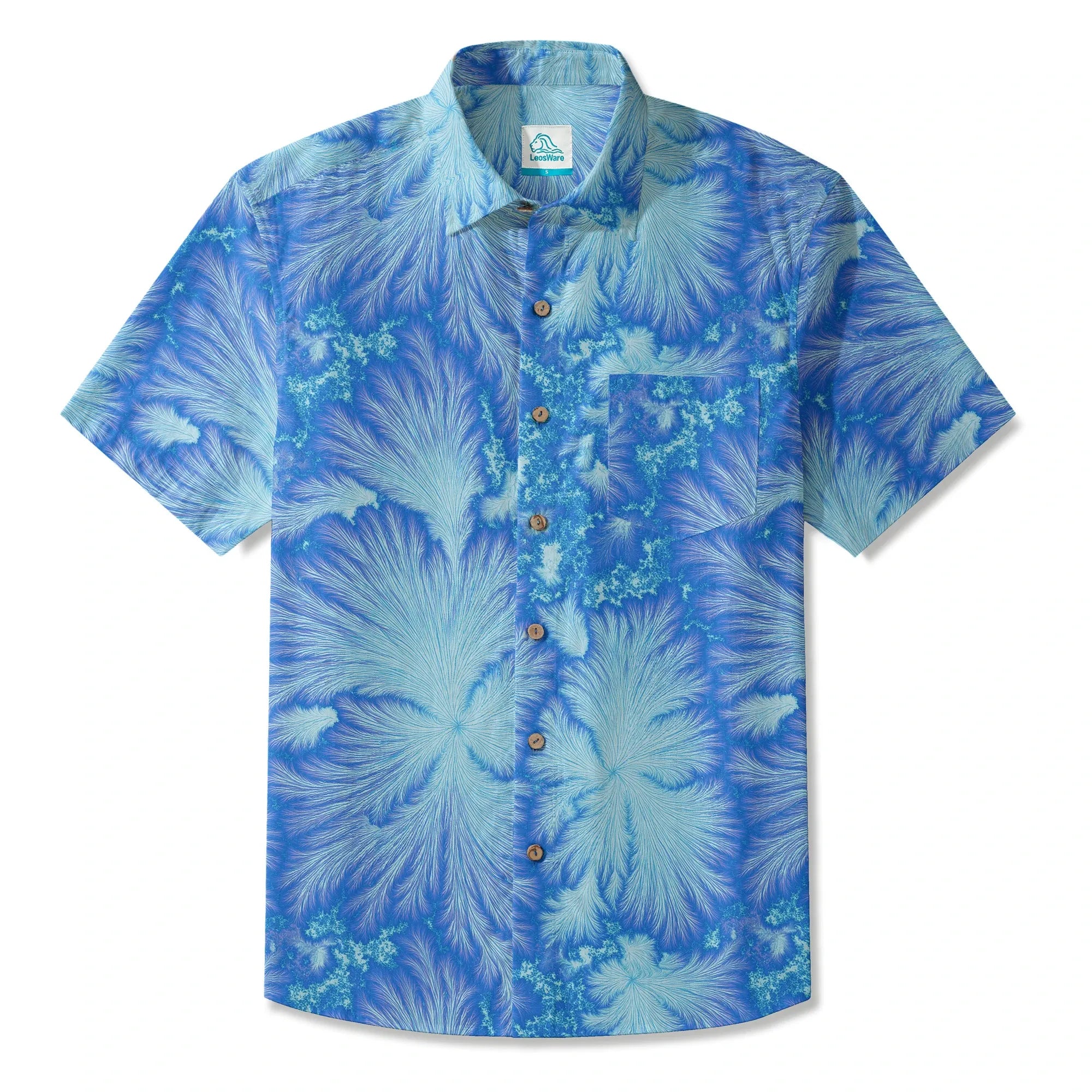 LeosWare® Men's Hawaiian Shirt Short Sleeve Button-up 100% Cotton Blue Aloha Ice Blue Feather Flame By Ann