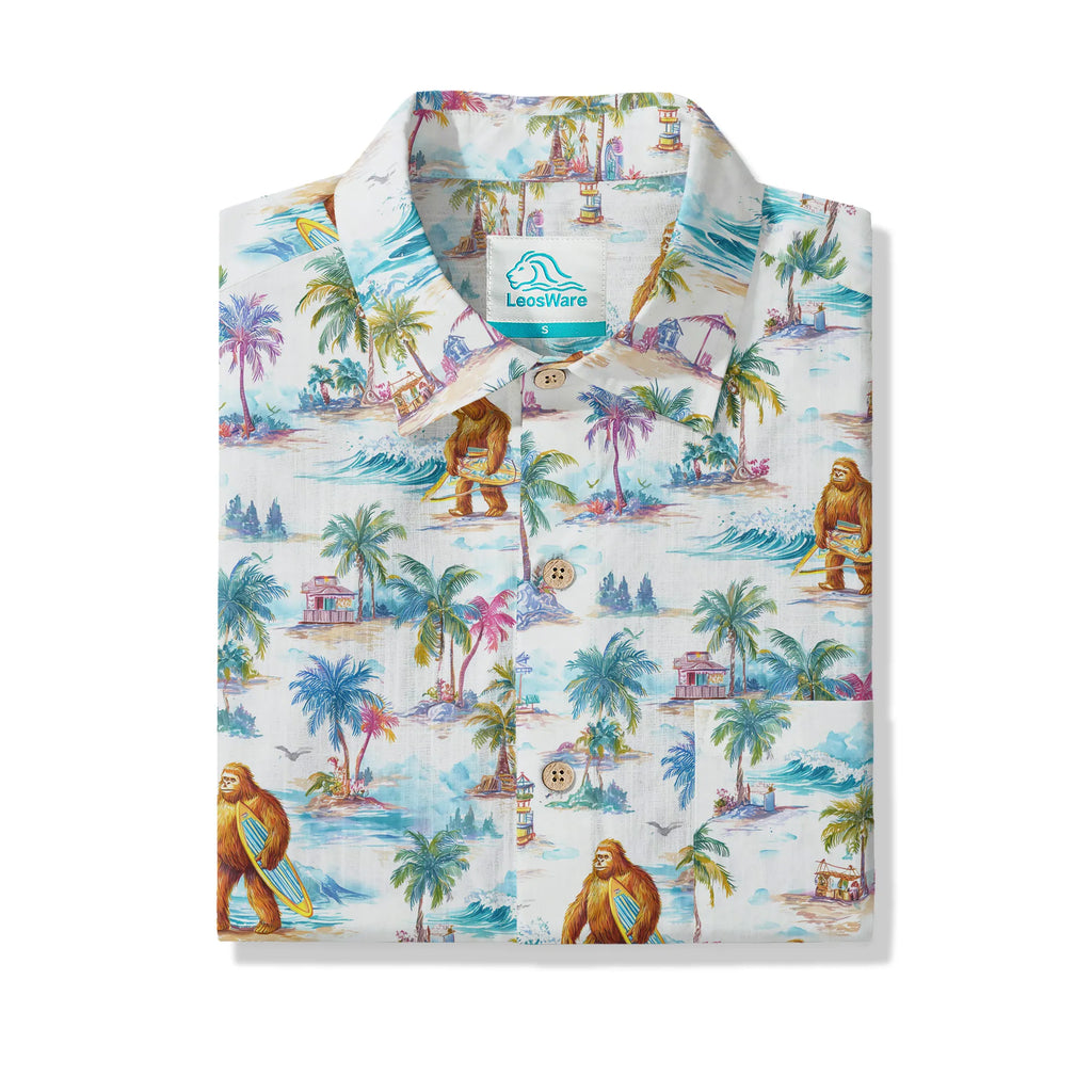 LeosWare® Men's Hawaiian Shirt Short Sleeve Button-up 100% Cotton White Aloha Surfing Vacation Of Bigfoot By Ann