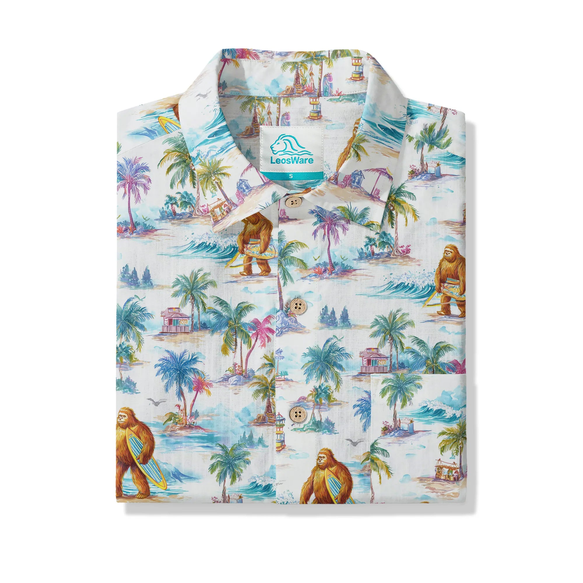 LeosWare® Men's Hawaiian Shirt Short Sleeve Button-up 100% Cotton White Aloha Surfing Vacation Of Bigfoot By Ann