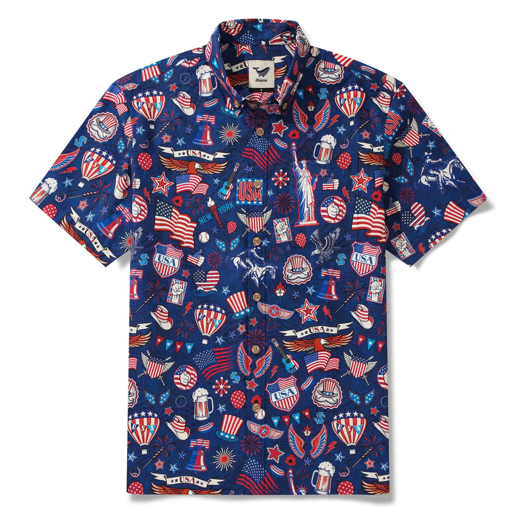 Men's Hawaiian Shirt Short Sleeve Button-down 100% Cotton Blue Aloha Liberty’s Patriot Canvas By Cigar