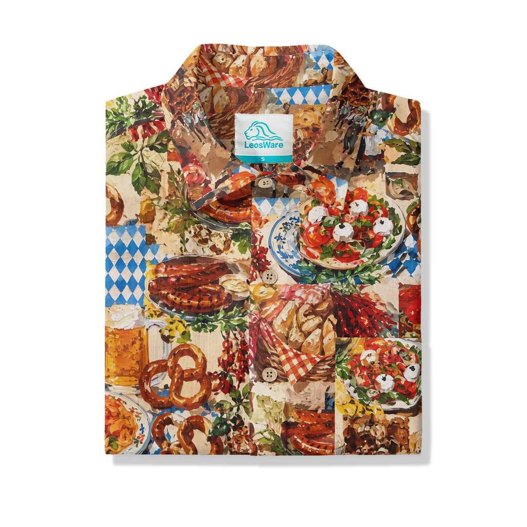 LeosWare® Men's Hawaiian Shirt Short Sleeve Button-up 100% Cotton Red Aloha Oil Painting Beer Festival Revelry By Ann