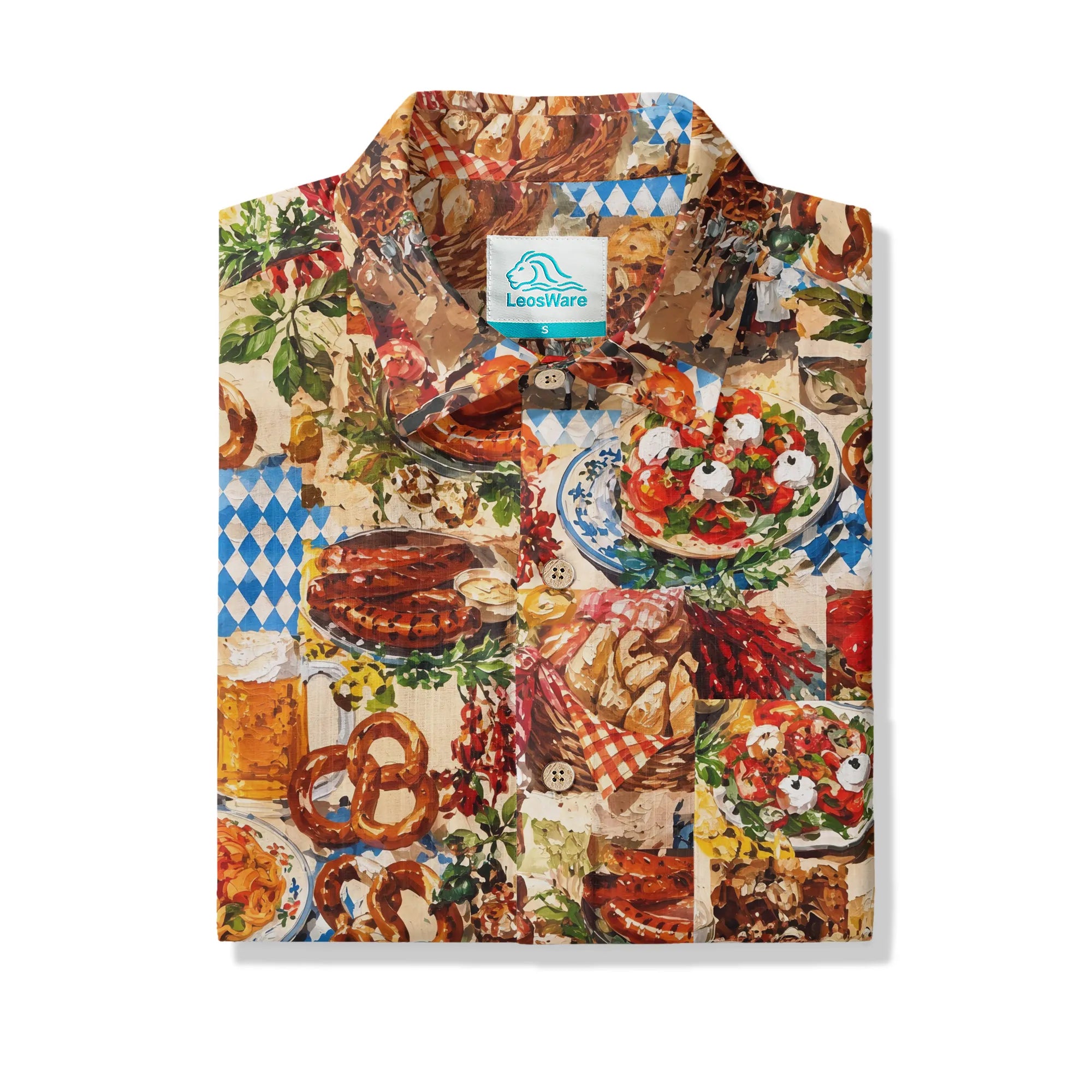 LeosWare® Men's Hawaiian Shirt Short Sleeve Button-up 100% Cotton Red Aloha Oil Painting Beer Festival Revelry By Ann