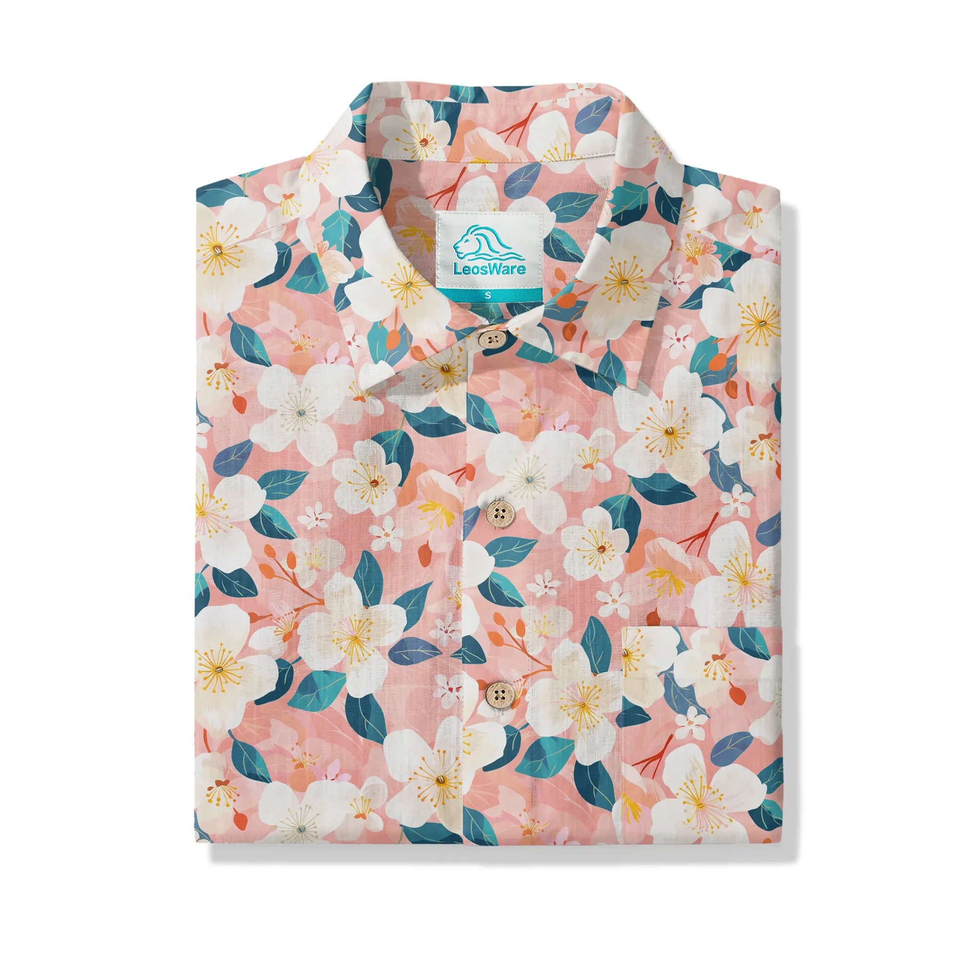 LeosWare® Men's Hawaiian Shirt Short Sleeve Button-up 100% Cotton Aloha Cherry Blossom Spring Delight By Ann