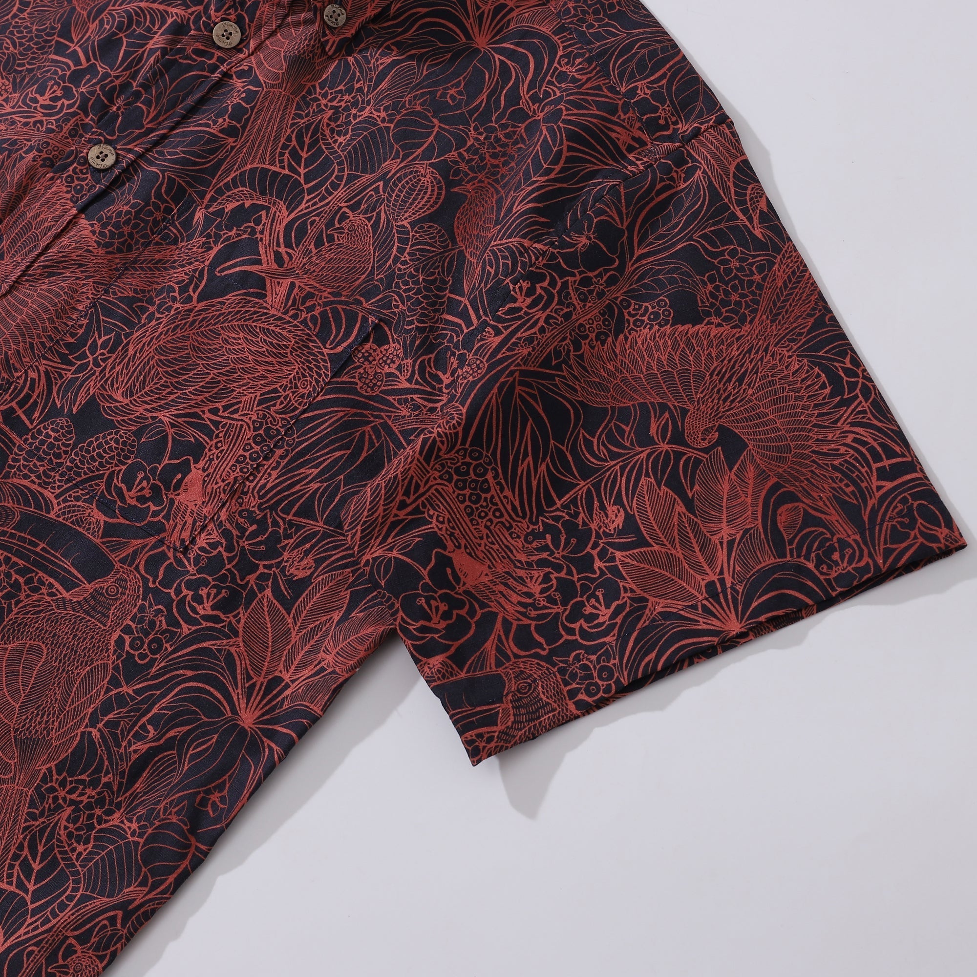Men's Breathable Shirt Red Hawaiian Shirt Birds Print 100% Cotton Short Sleeve Button-down Shirt By Sun