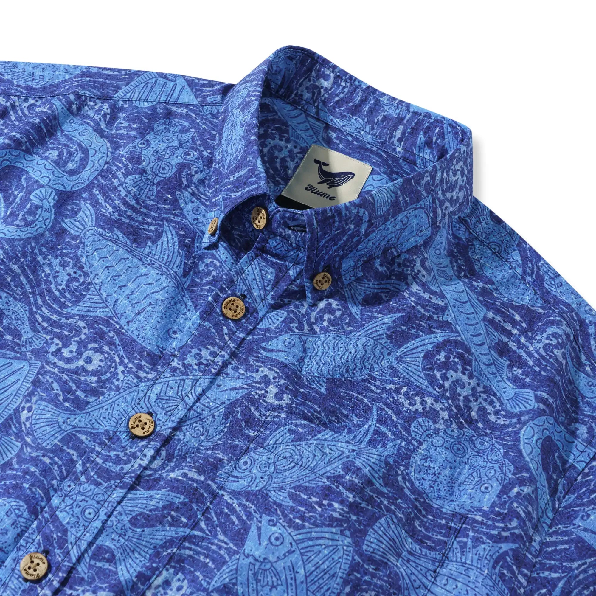 Men's Hawaiian Shirt Short Sleeve Button-down 100% Cotton Blue Aloha Indigo School Of Fish By Huan huan