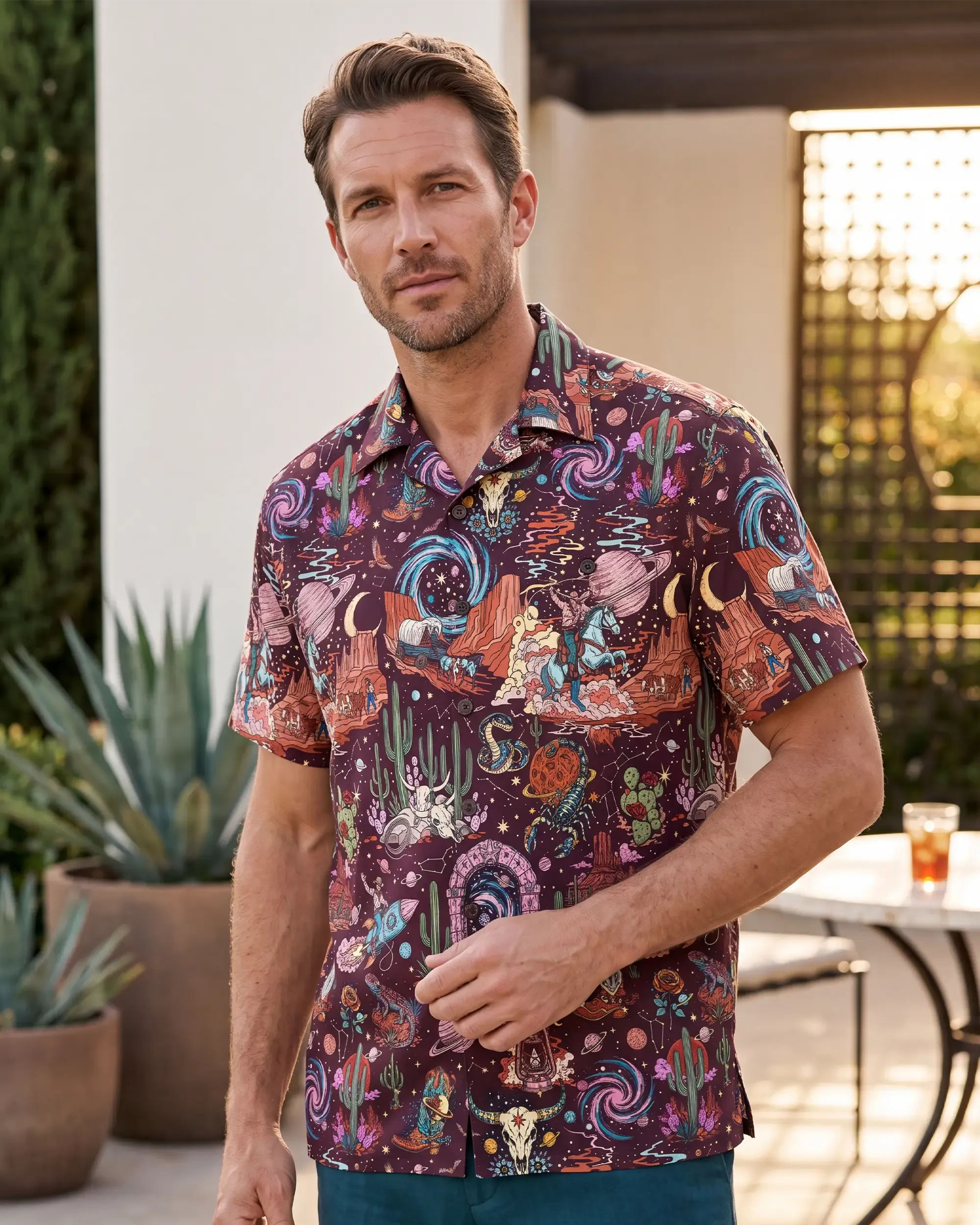 Men's Hawaiian Shirt Short Sleeve Camp Collar 100% Cotton Red Aloha Western Stardust - Red By Mo