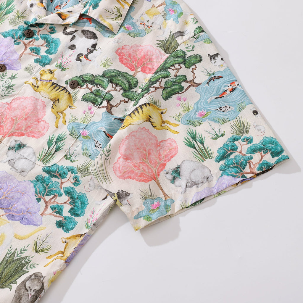 Japanese Hawaiian Shirt For Men Ukiyo-e Cats Print Shirt Camp Collar 100% Cotton Shirt Japanese Cat Garden By Catherine Rowe