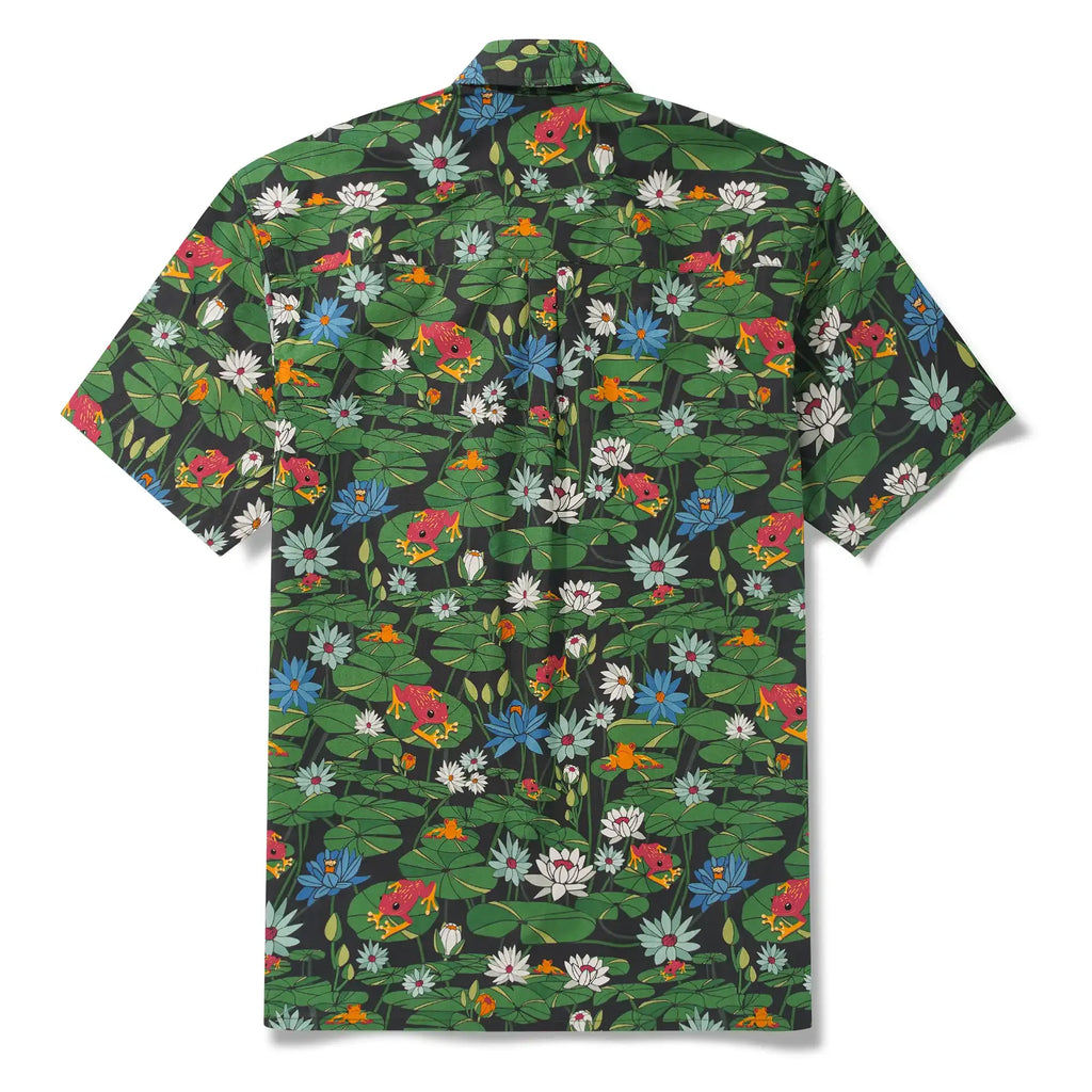 Men's Hawaiian Shirt Short Sleeve Button-down 100% Cotton Green Water Lily Aloha Happy Frogs By Diane Gosselin