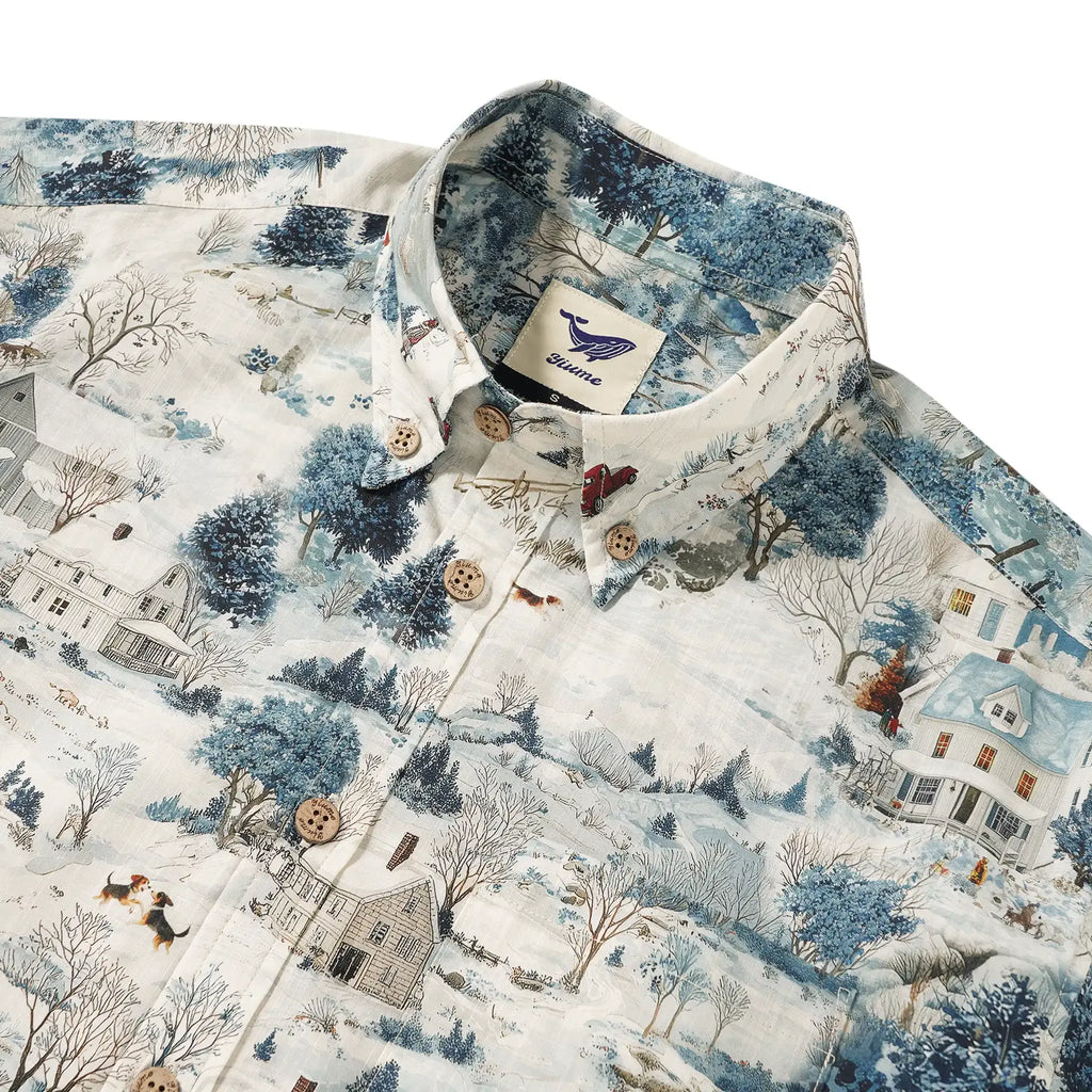Men's Hawaiian Shirt Short Sleeve Button-down 100% Cotton Blue Aloha Snowy Countryside Chronicles By Huan huan