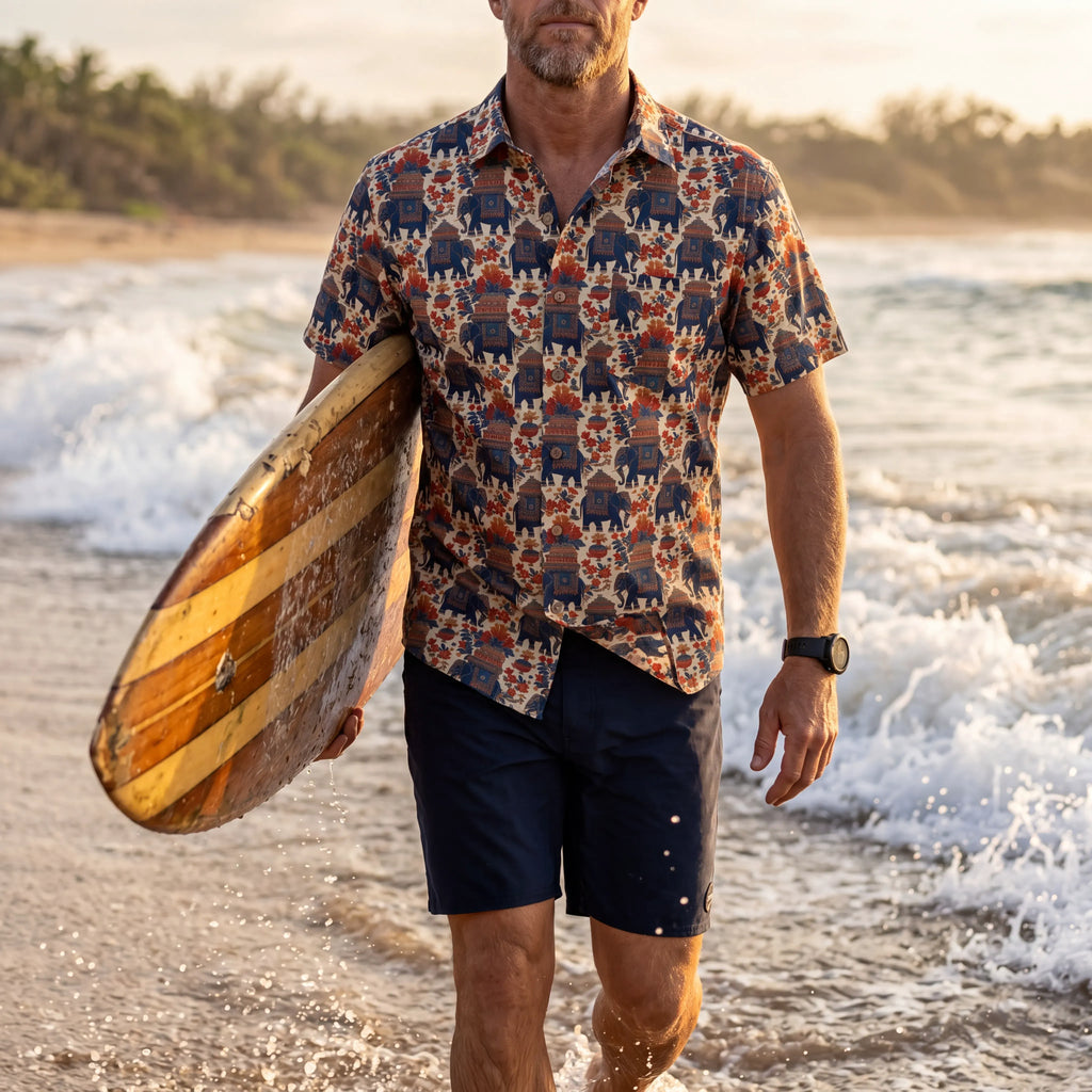 Elephant LeosWare® Men's Hawaiian Shirt Short Sleeve Button-up 100% Cotton Beige Aloha Temple Of The Elephant God By Ann