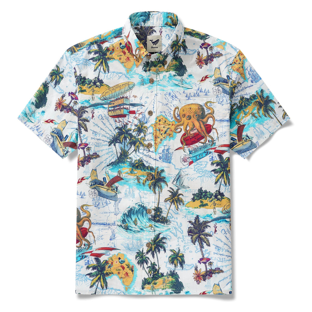 Men's Hawaiian Shirt Short Sleeve Button-down 100% Cotton Blue Aloha Ocean Dreamer By DUDU