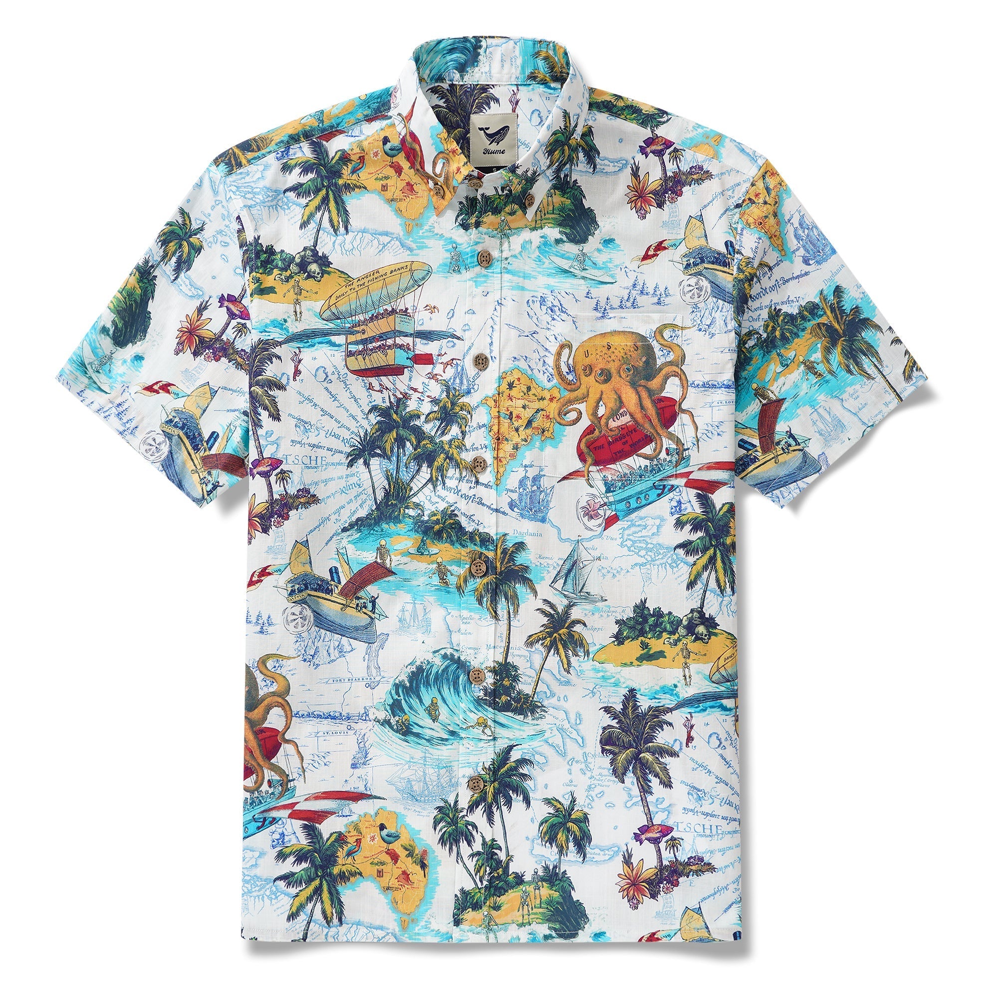 Men's Hawaiian Shirt Short Sleeve Button-down 100% Cotton Blue Aloha Ocean Dreamer By DUDU