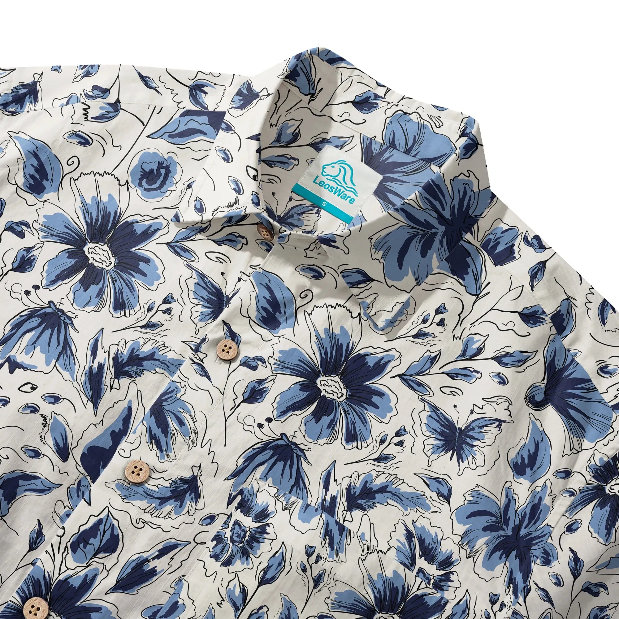 LeosWare® Men's Hawaiian Shirt Short Sleeve Button-up 100% Cotton Blue Aloha Indigo Blooms By Huan huan