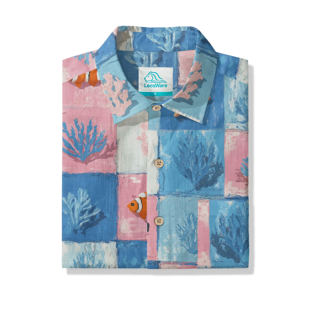 LeosWare® Plaid Men's Hawaiian Shirt Short Sleeve Button-up 100% Cotton Blue Aloha Oceanic Chessboard By Ann